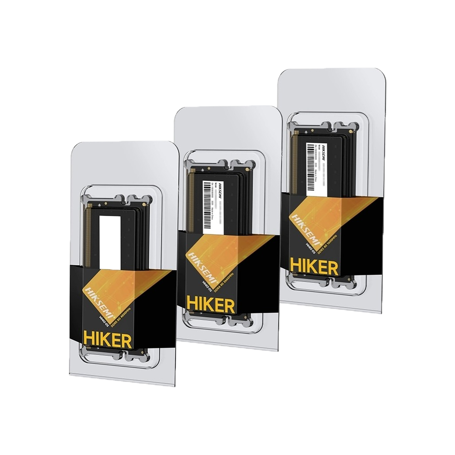 Üç adet HIKSEMI RAM modülü ambalajında, soldan sağa: DDR5, DDR4, DDR3.