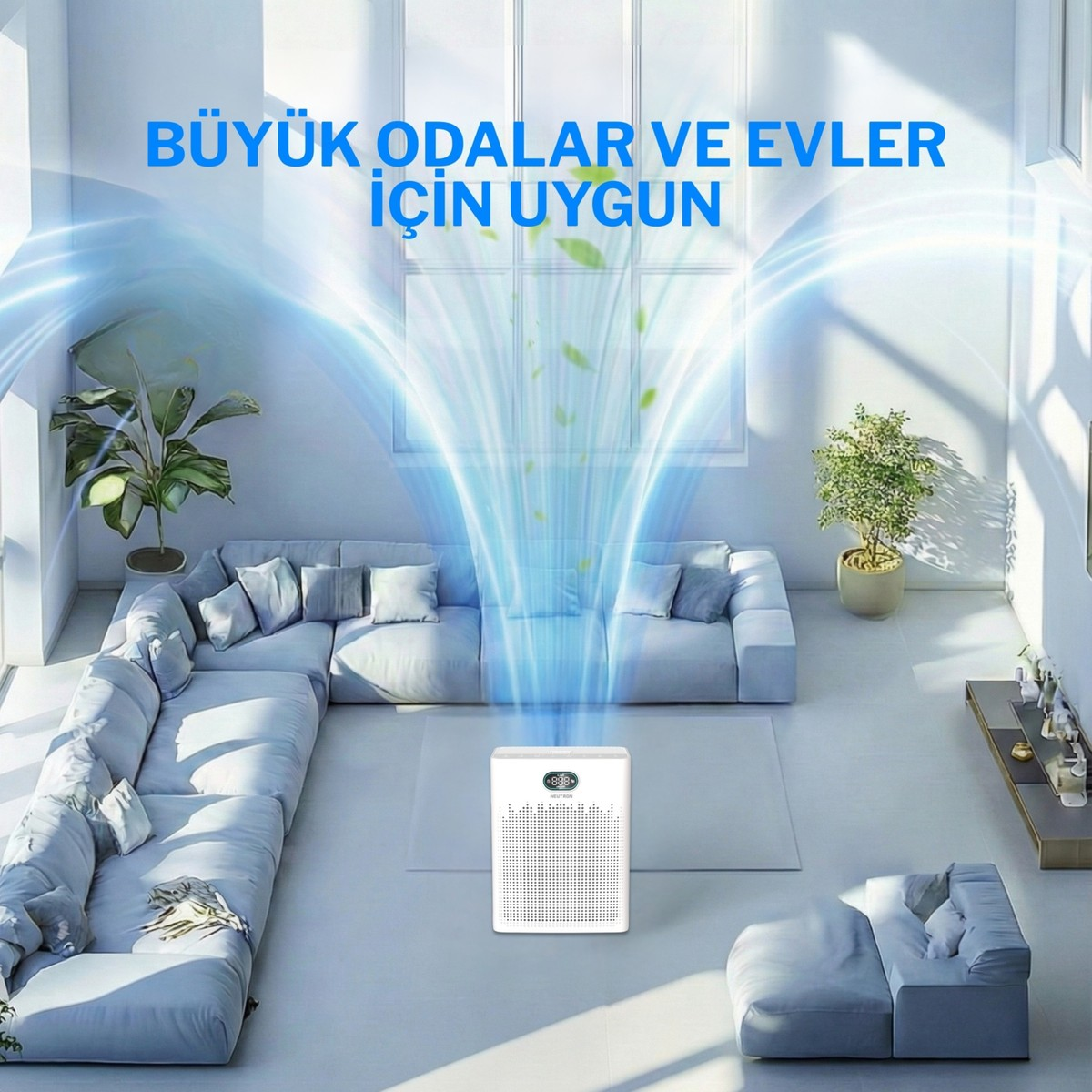Kanepeli modern bir oturma odasında beyaz hava temizleyici.