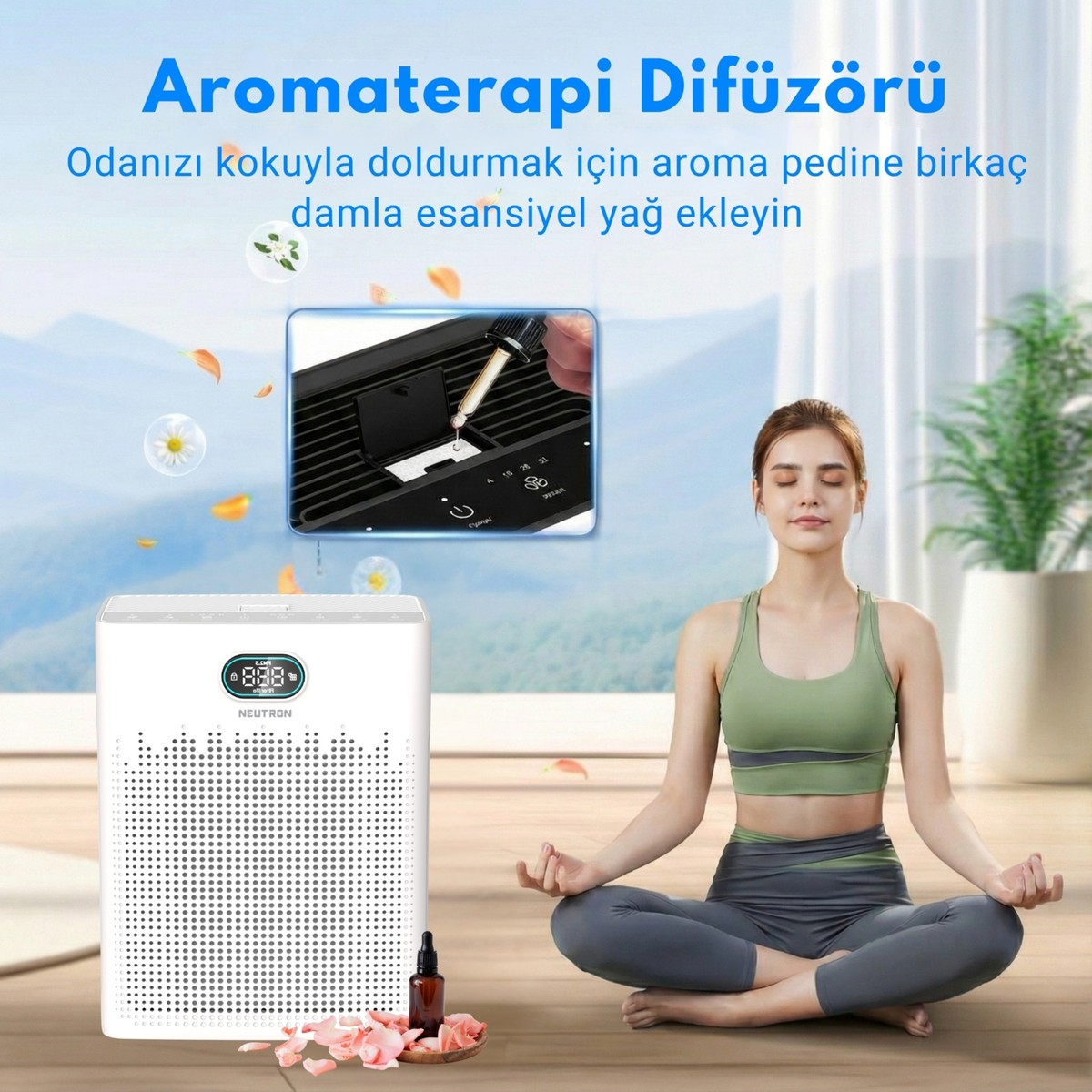Kadın, içine uçucu yağ eklenen bir hava temizleyicinin yanında meditasyon yapıyor.