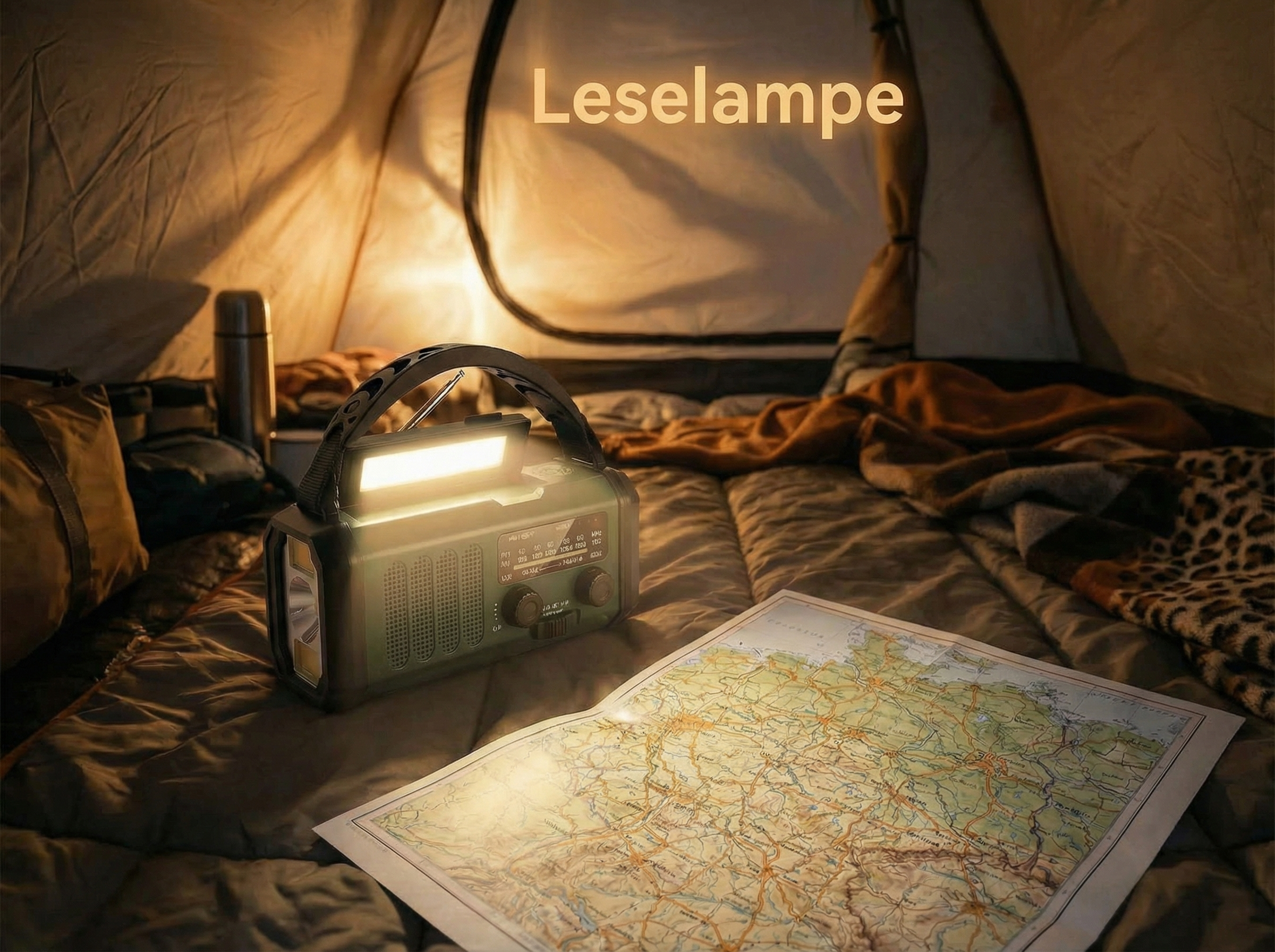 Ein Leselampenradio und eine Karte in einem Zelt auf einem Bett.