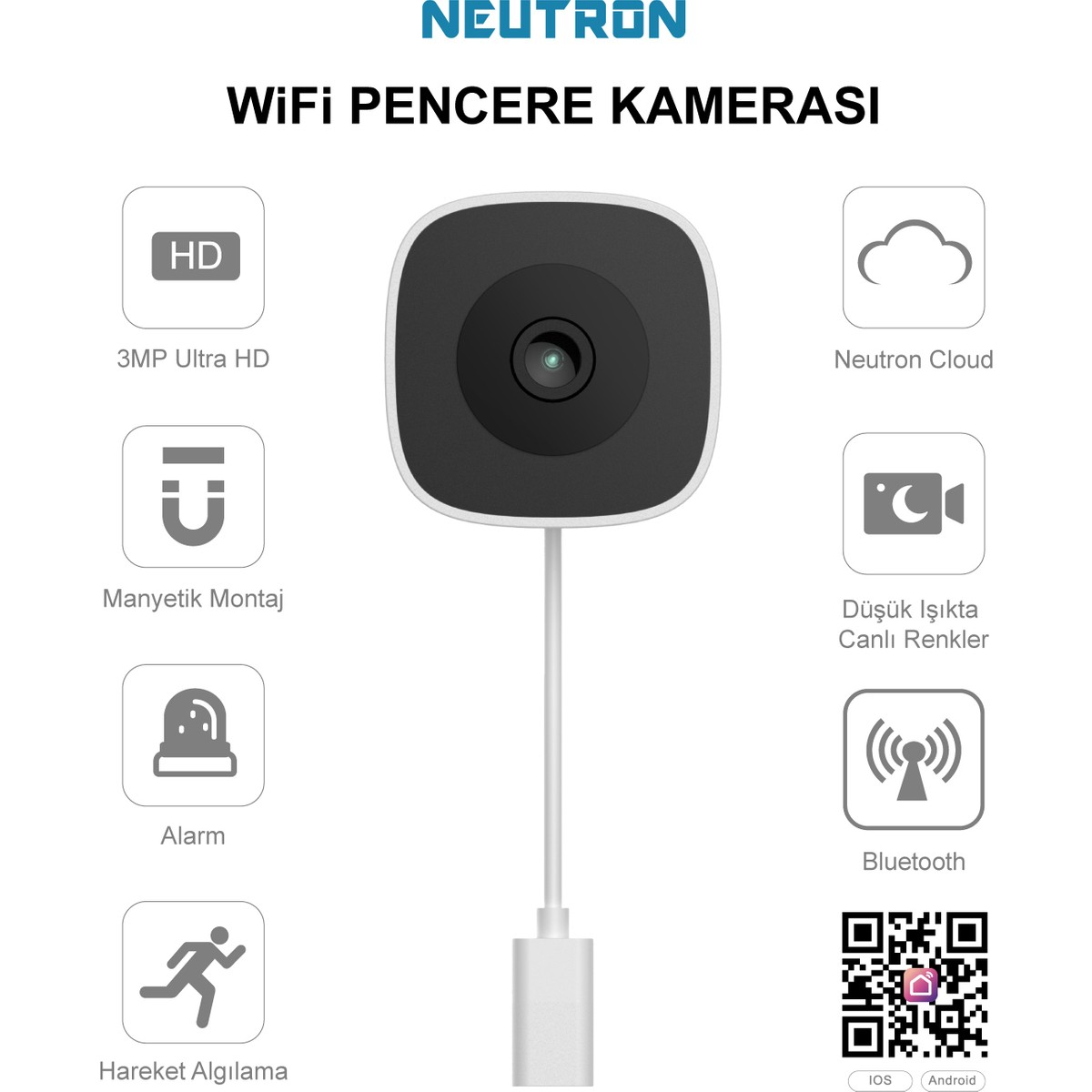 HD çözünürlüklü wifi pencere kamerası, manyetik montaj, alarm, hareket algılama.