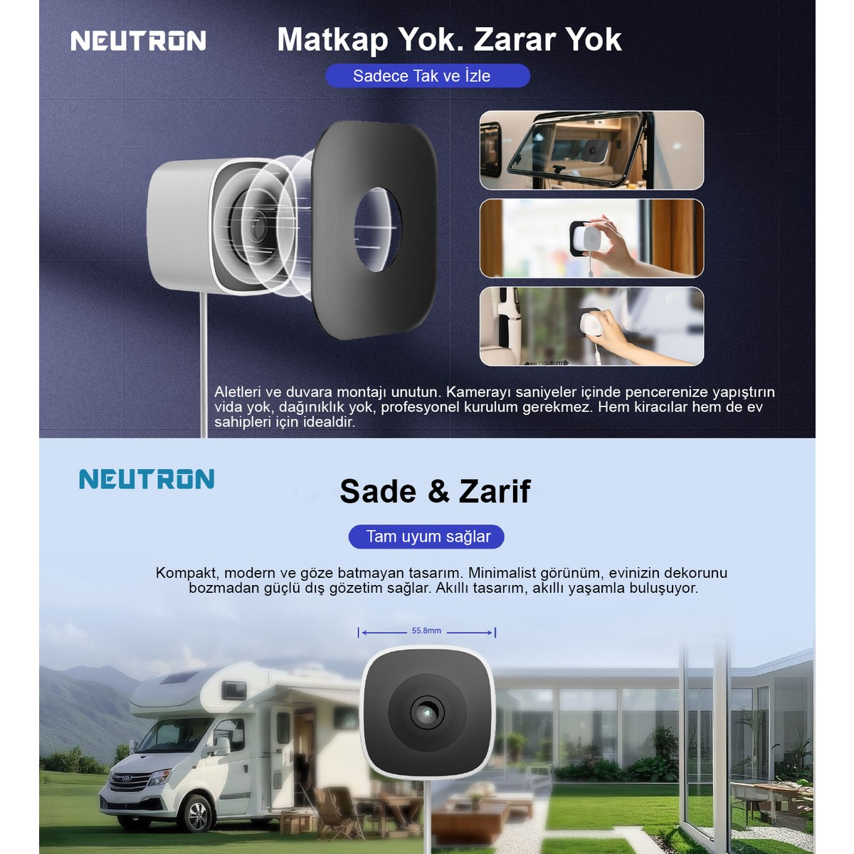 Neutron Kamera: Pencerelere veya duvarlara delmeden kolay kurulum.