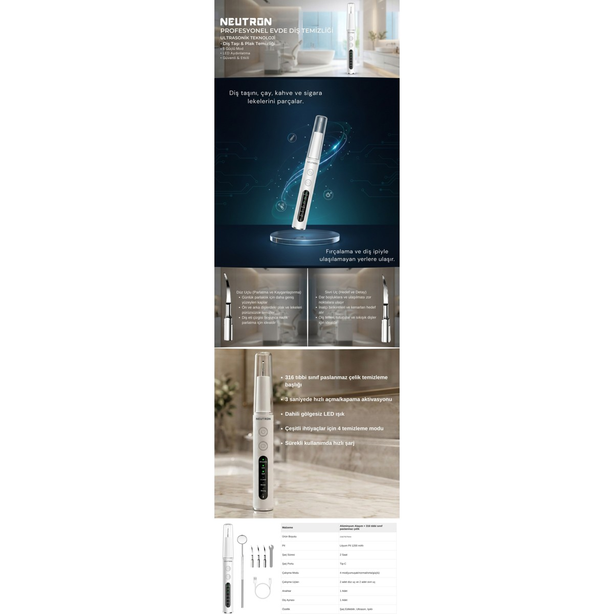 Profesyonel ev tipi ultrasonik diş temizleyici, LED ışıklı, 4 modlu.
