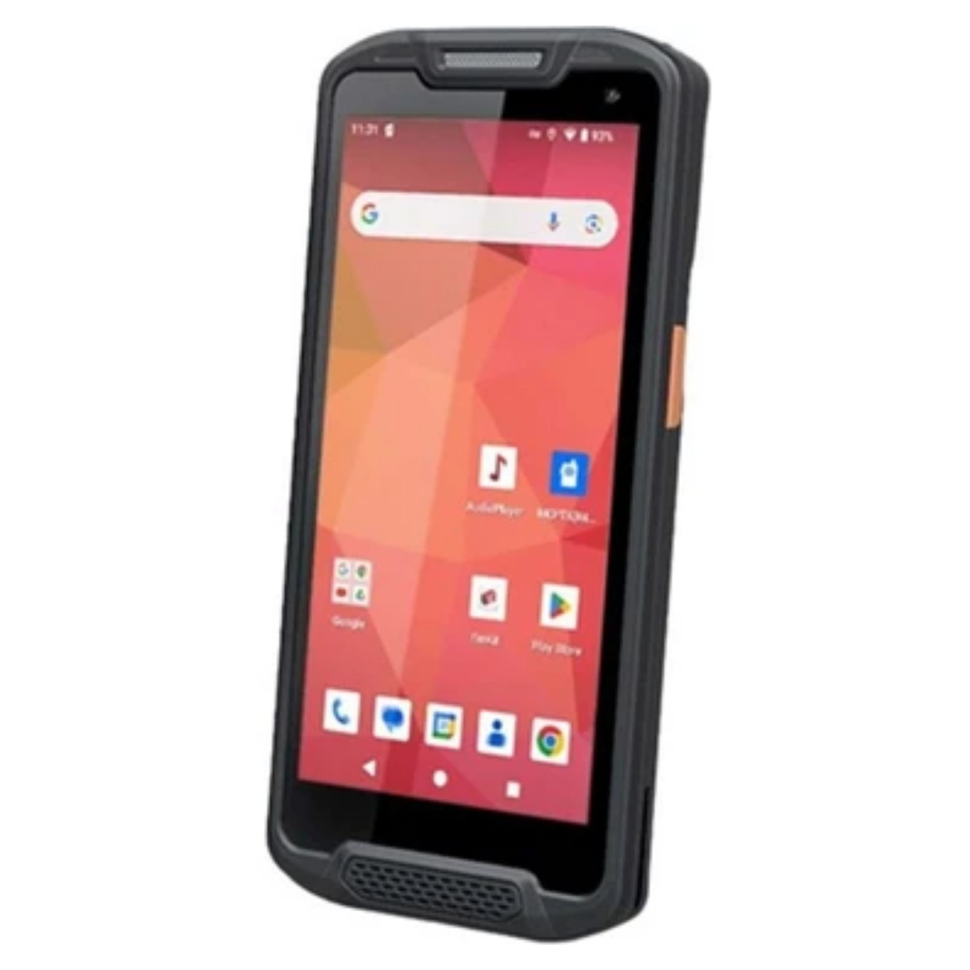 Ekranında renkli arka plan ve uygulama simgeleri olan siyah bir akıllı telefon.