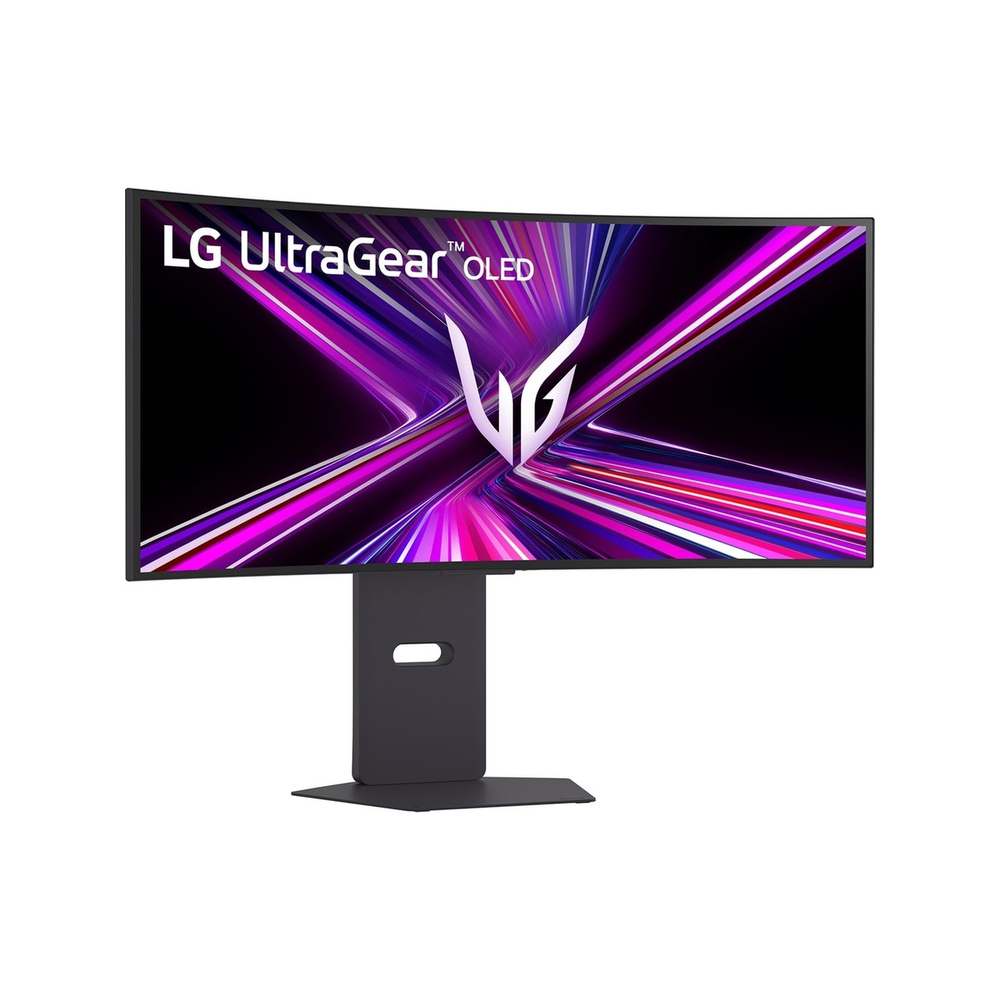 Ekranında stilize edilmiş VG logosu bulunan kavisli LG UltraGear OLED monitör.
