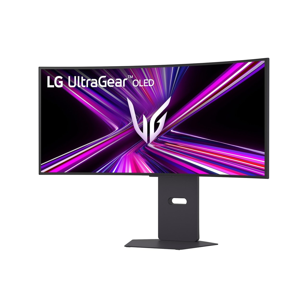 Ekranında mor ve beyaz desen bulunan kavisli bir LG UltraGear OLED monitör.