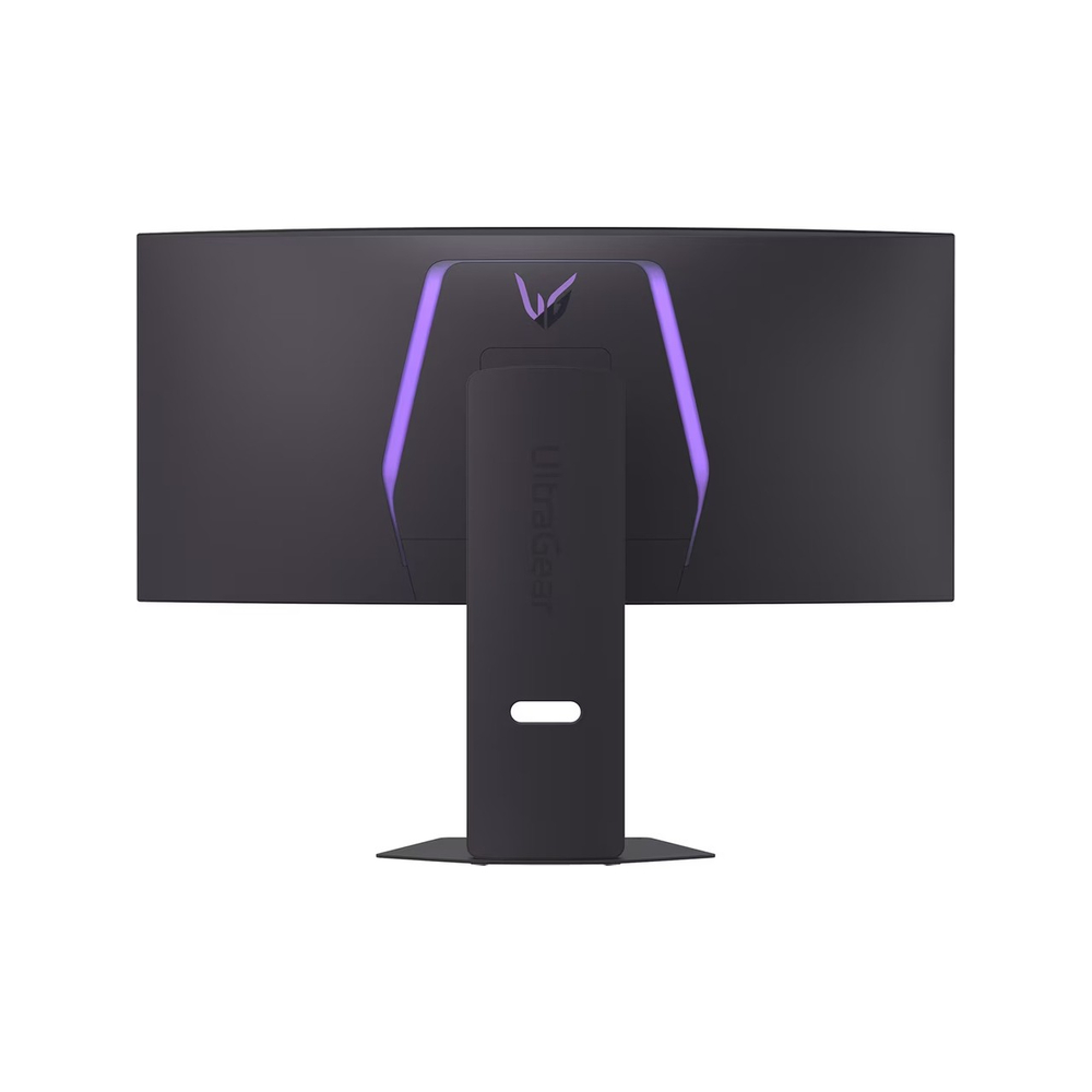 Mor ışıklı ve Ultragear logolu siyah monitörün arkası.