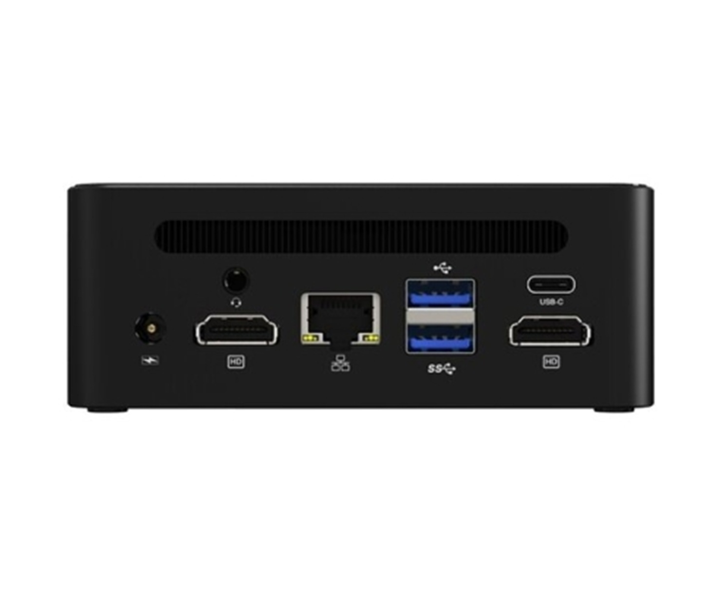 Mini PC nero con porte: HDMI, LAN, USB-A, USB-C.