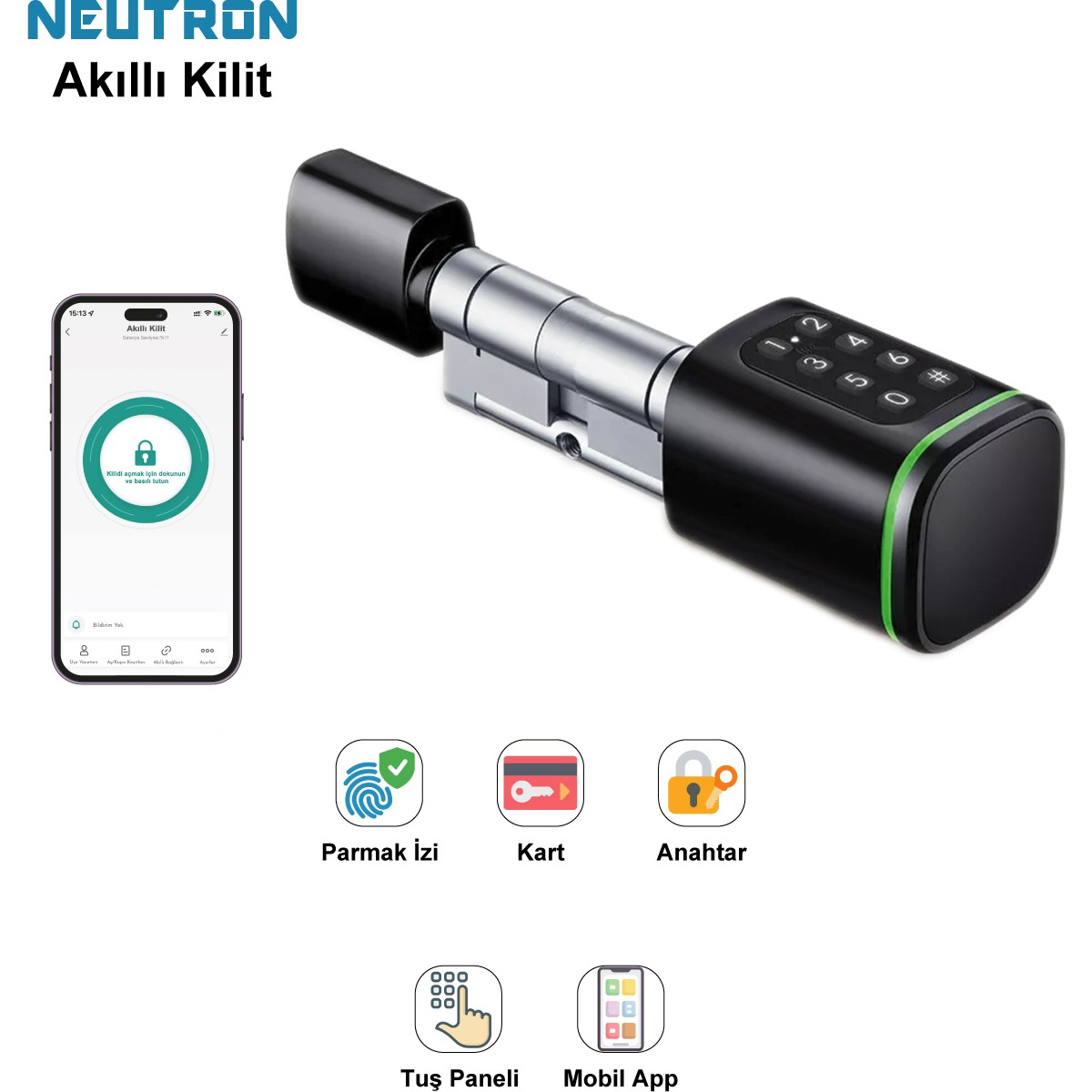 Tuş takımına sahip akıllı kilit ve bir uygulama gösteren akıllı telefon.