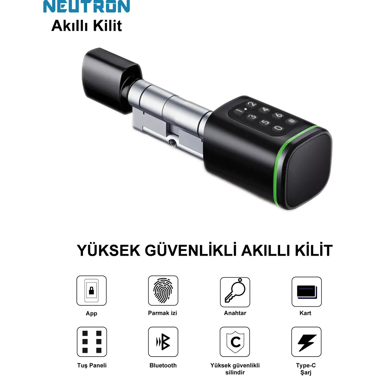 Gümüş mekanizmalı ve tuş takımlı siyah akıllı kapı silindiri.