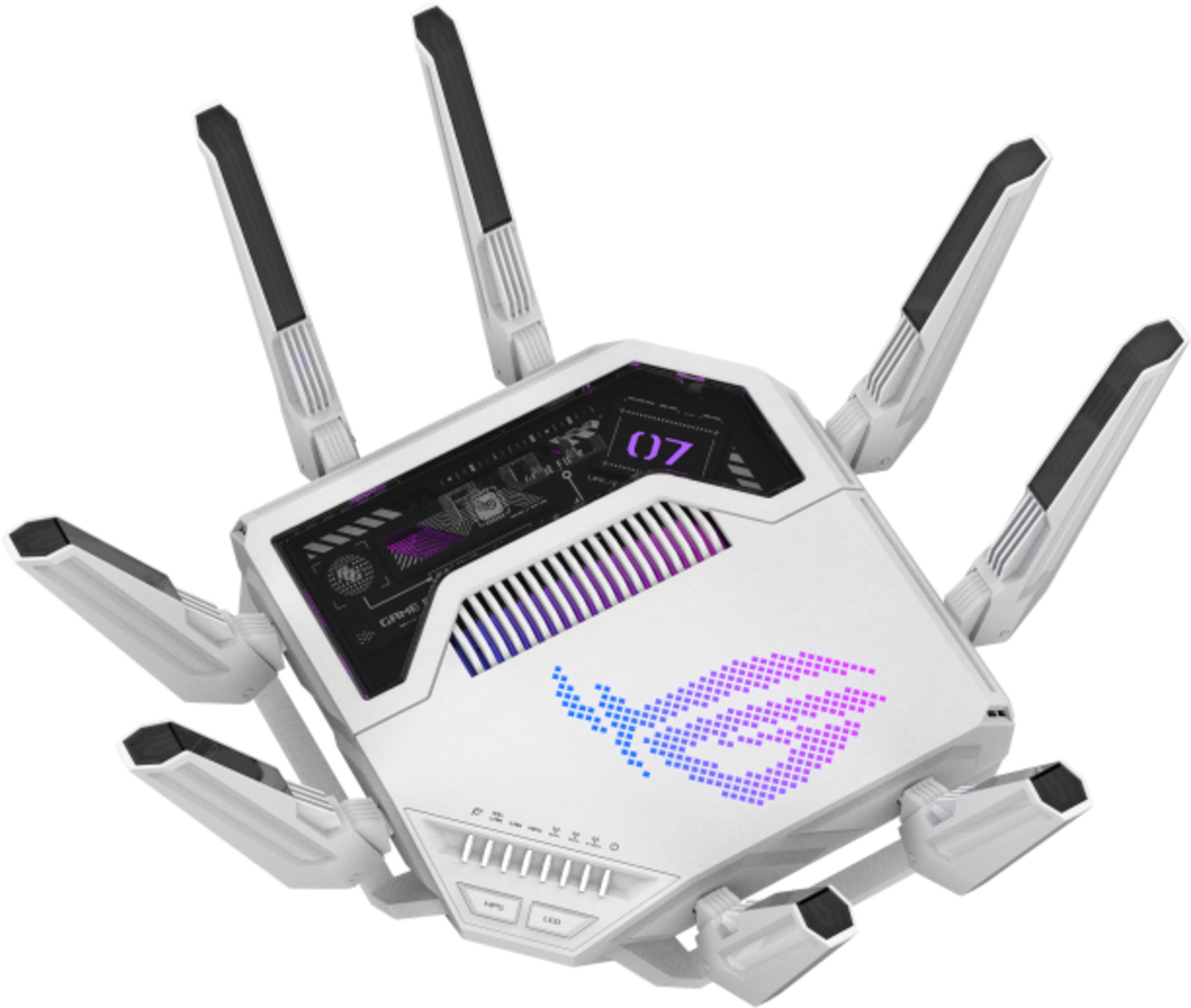 Ein weißer Router mit acht Antennen, ROG-Logo und beleuchteten Lüftungsschlitzen.