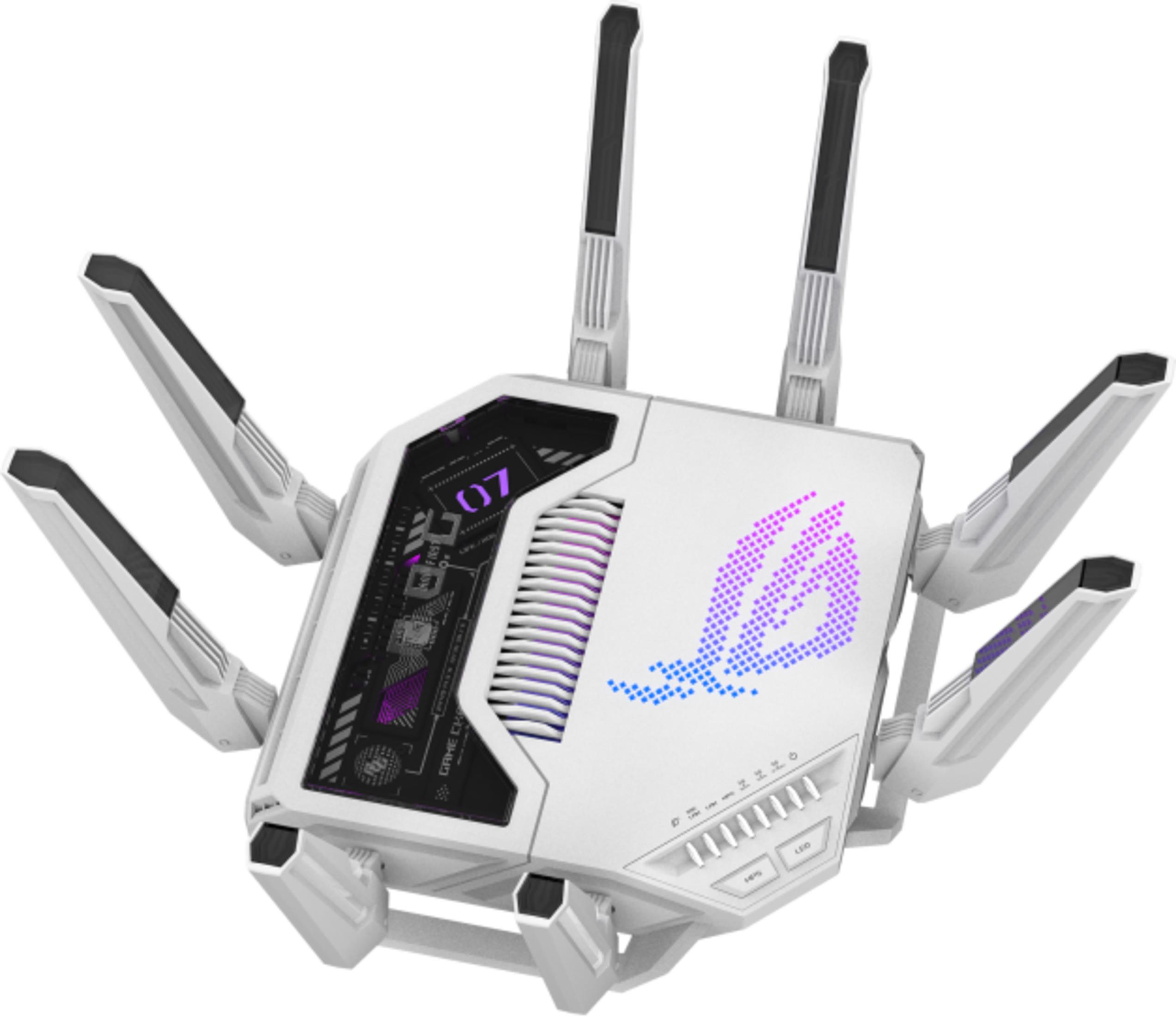 Ein weißer Router mit sechs Antennen und einem leuchtenden Logo.