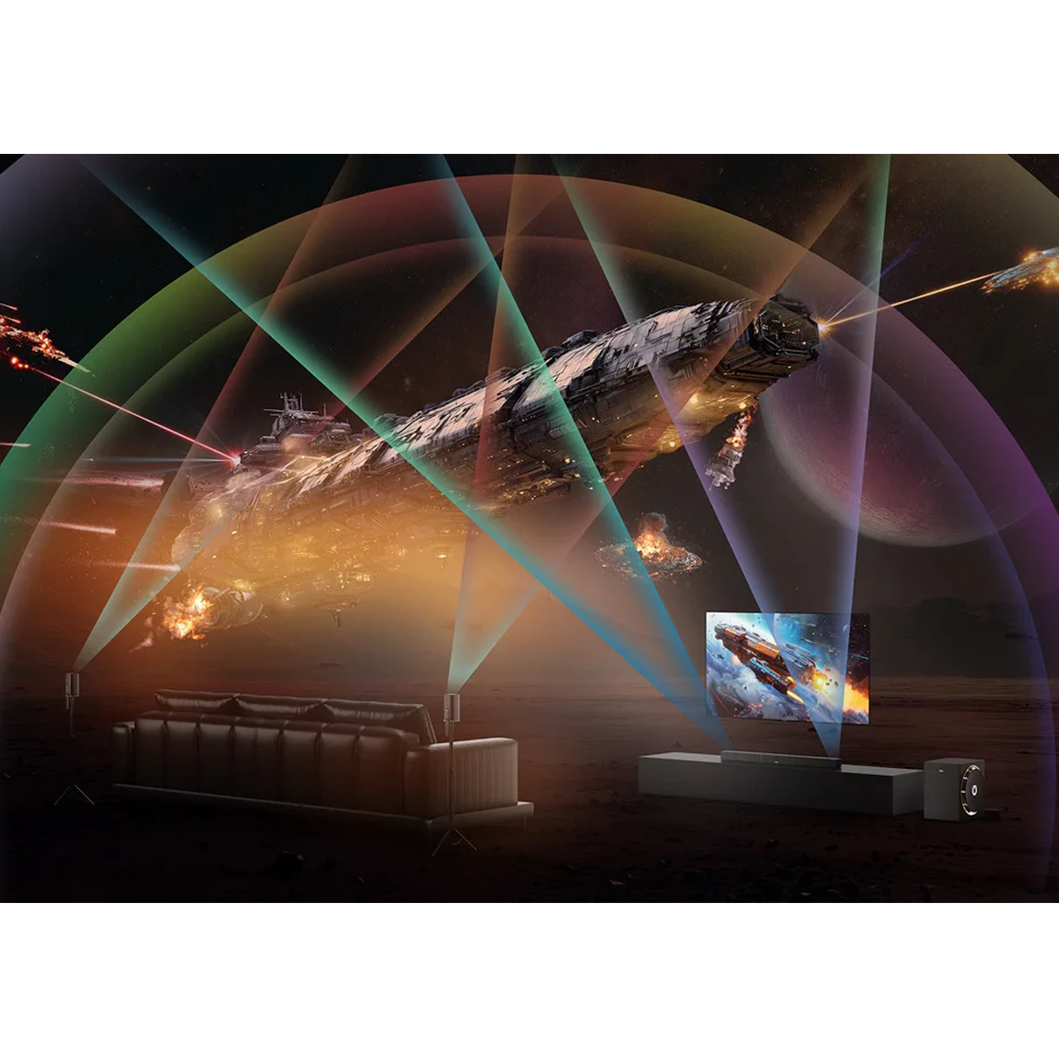 Bitwa statków kosmicznych nad kanapą i telewizorem, z promieniami.