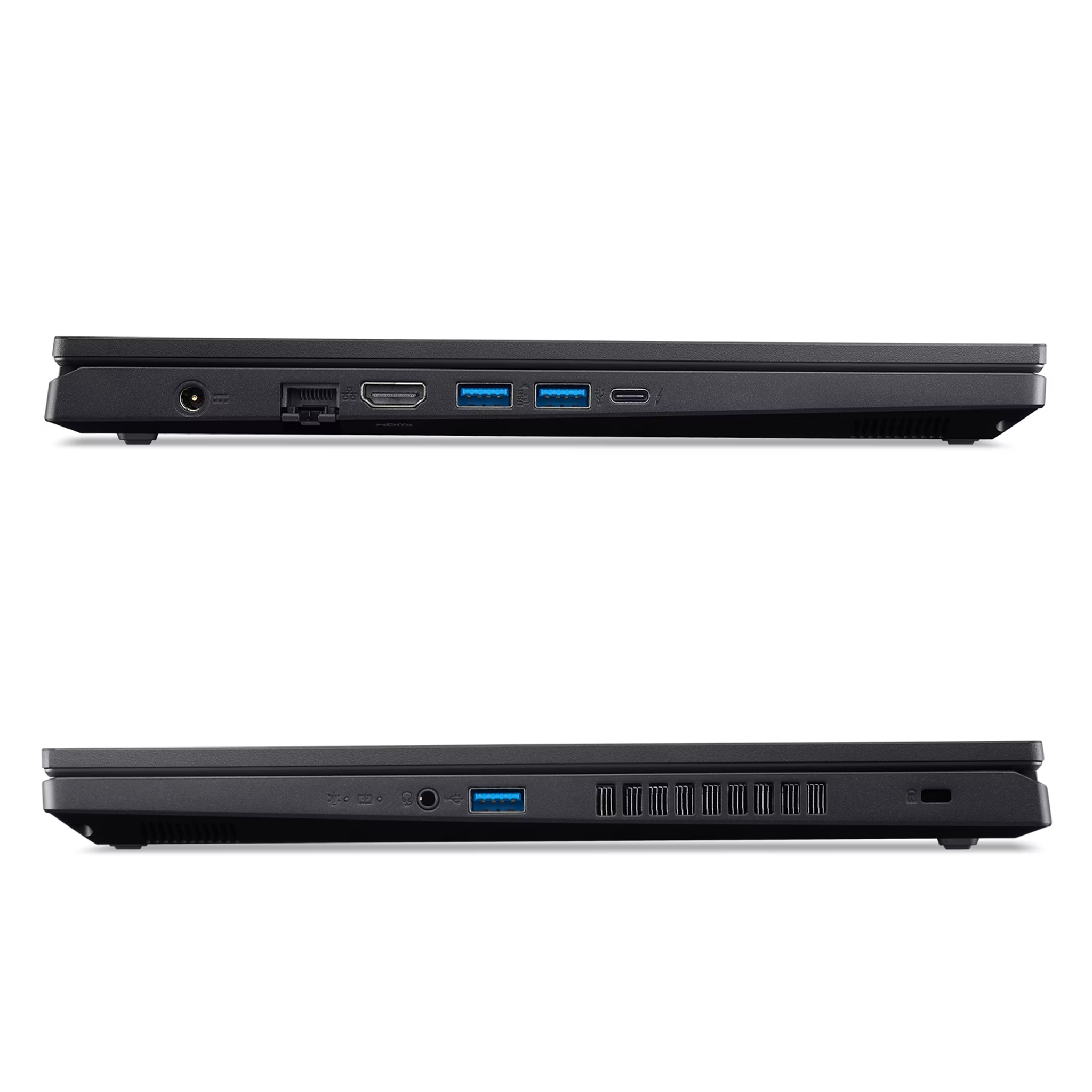 Güç, ethernet, HDMI, USB-A, USB-C, Thunderbolt, ses bağlantı noktalarını gösteren siyah dizüstü bilgisayarın yan görünümü.