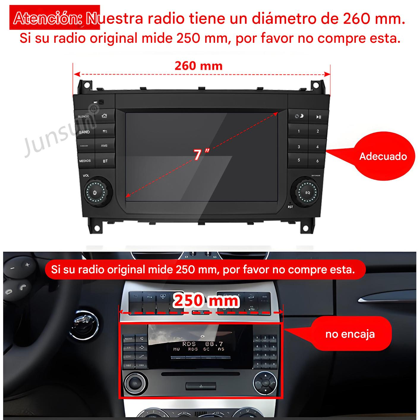Se muestran una radio de coche de 260mm y una original de 250mm.