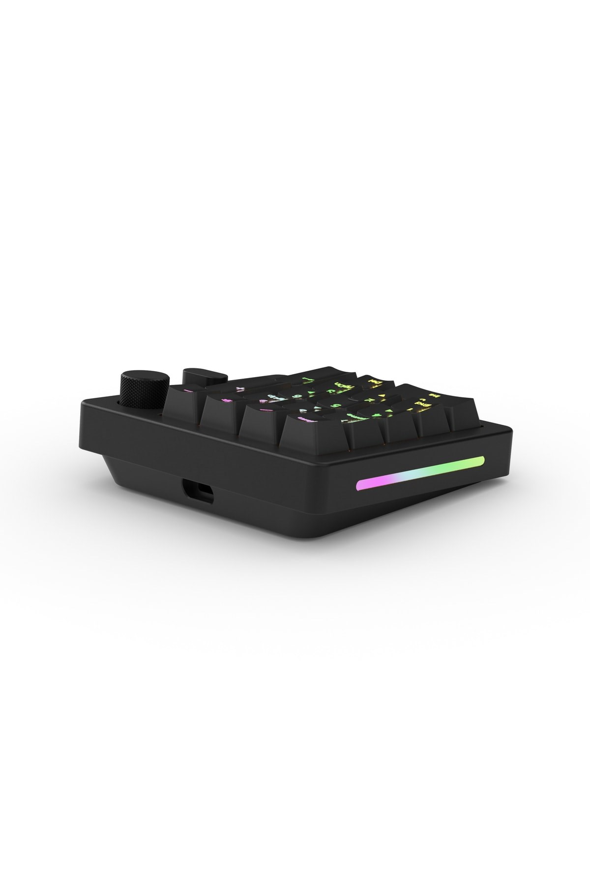 RGB aydınlatmalı ve döner düğmeli siyah klavye, USB-C bağlantı noktası görünür.