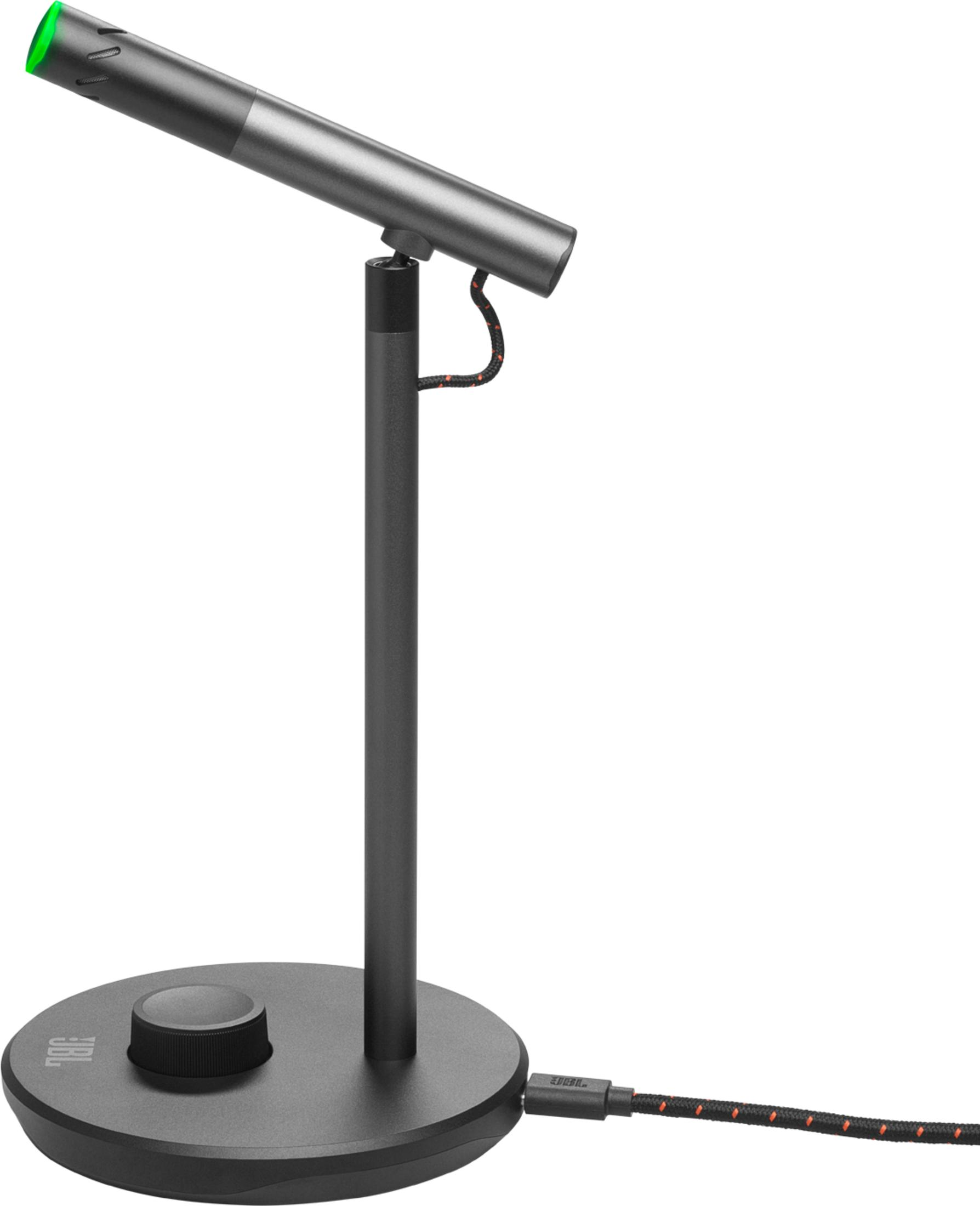 Graues Mikrofon auf Ständer mit schwarzer Basis und USB-Kabel.