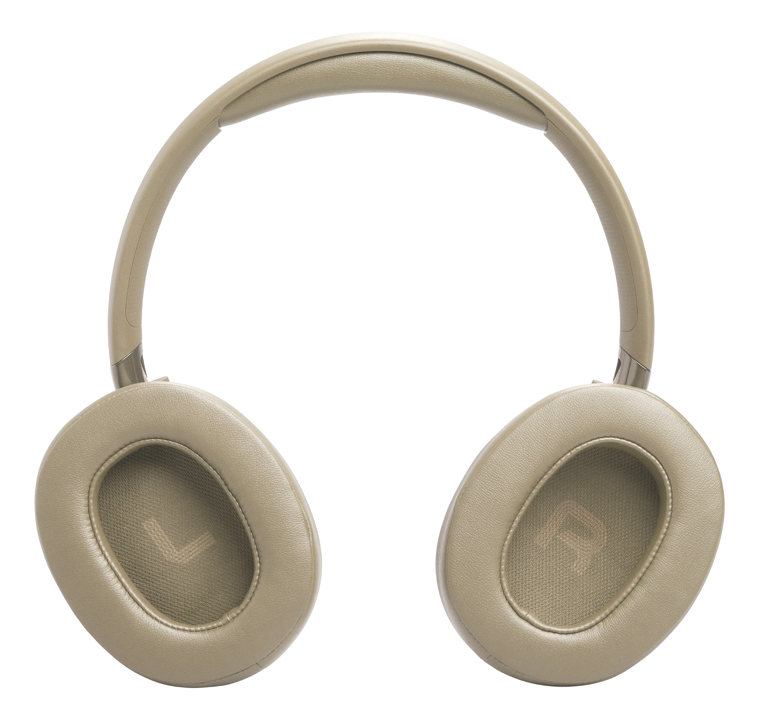 Cuffie beige over-ear con auricolari morbidi e archetto imbottito. Indicatori L/R.