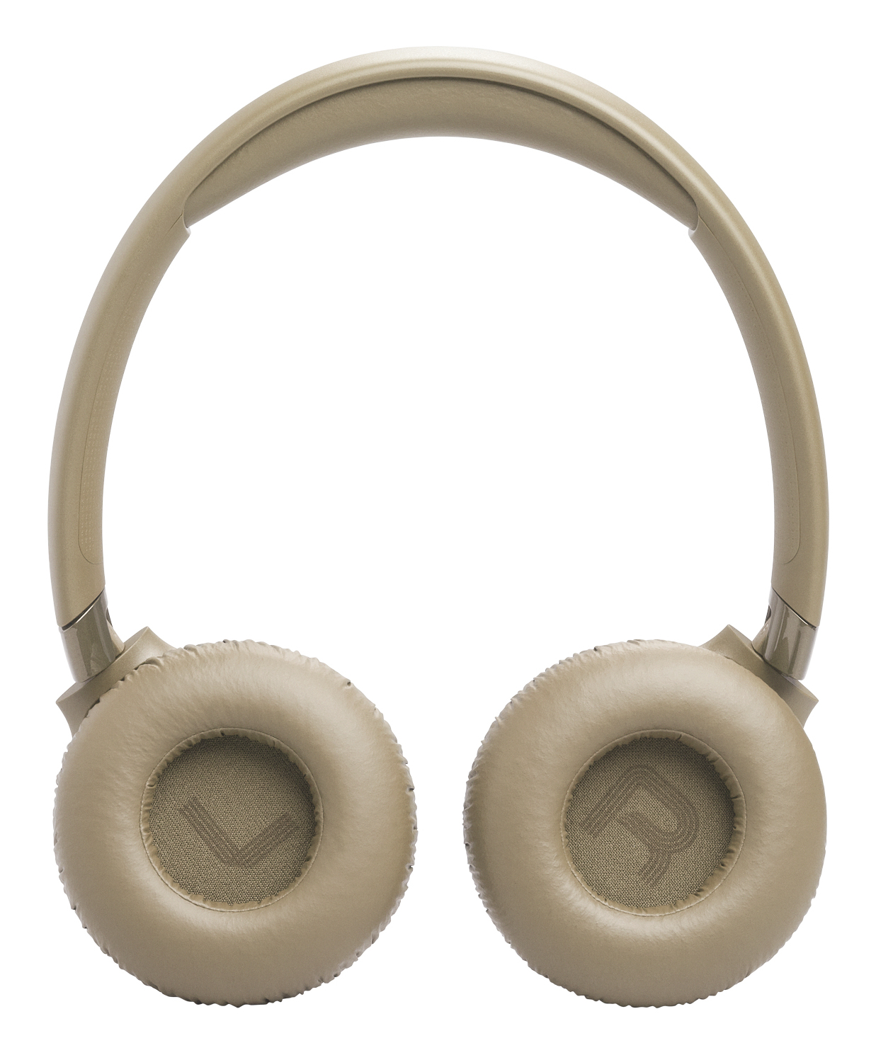 Casque beige avec coussinets et arceau. Marques L et R visibles.