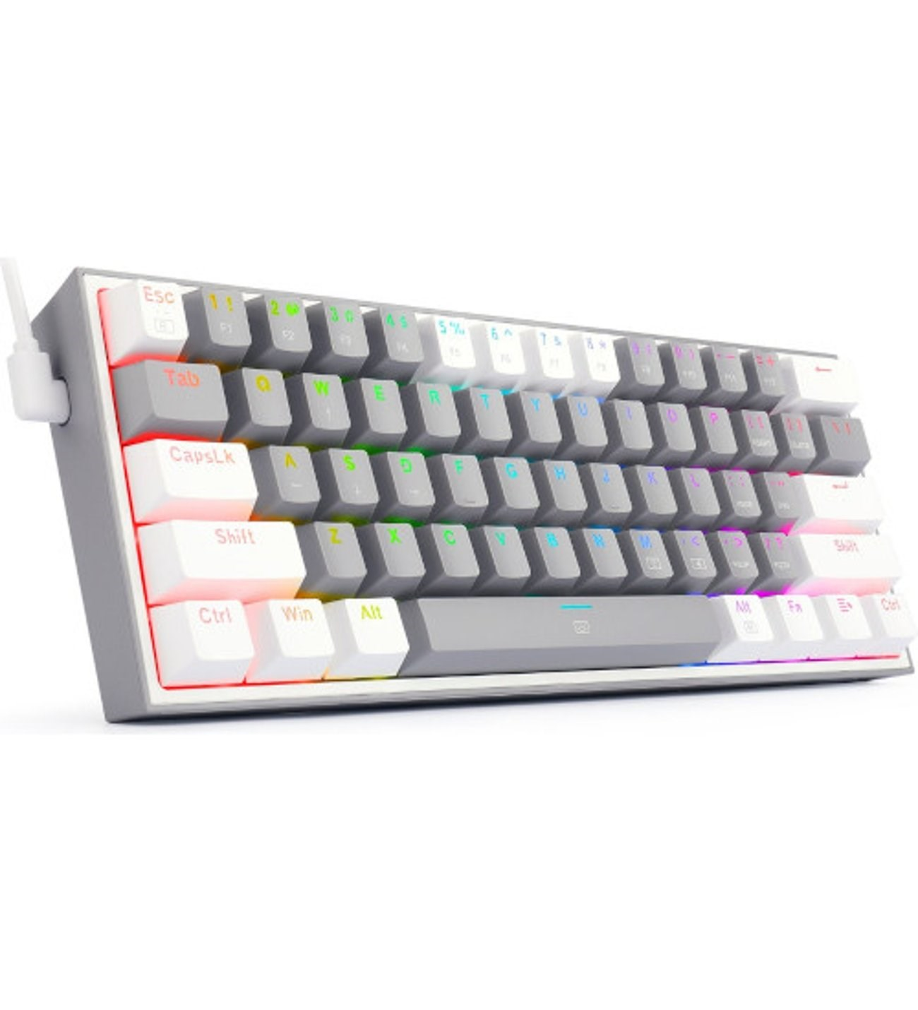 RGB arka aydınlatmalı gri ve beyaz kompakt mekanik klavye.
