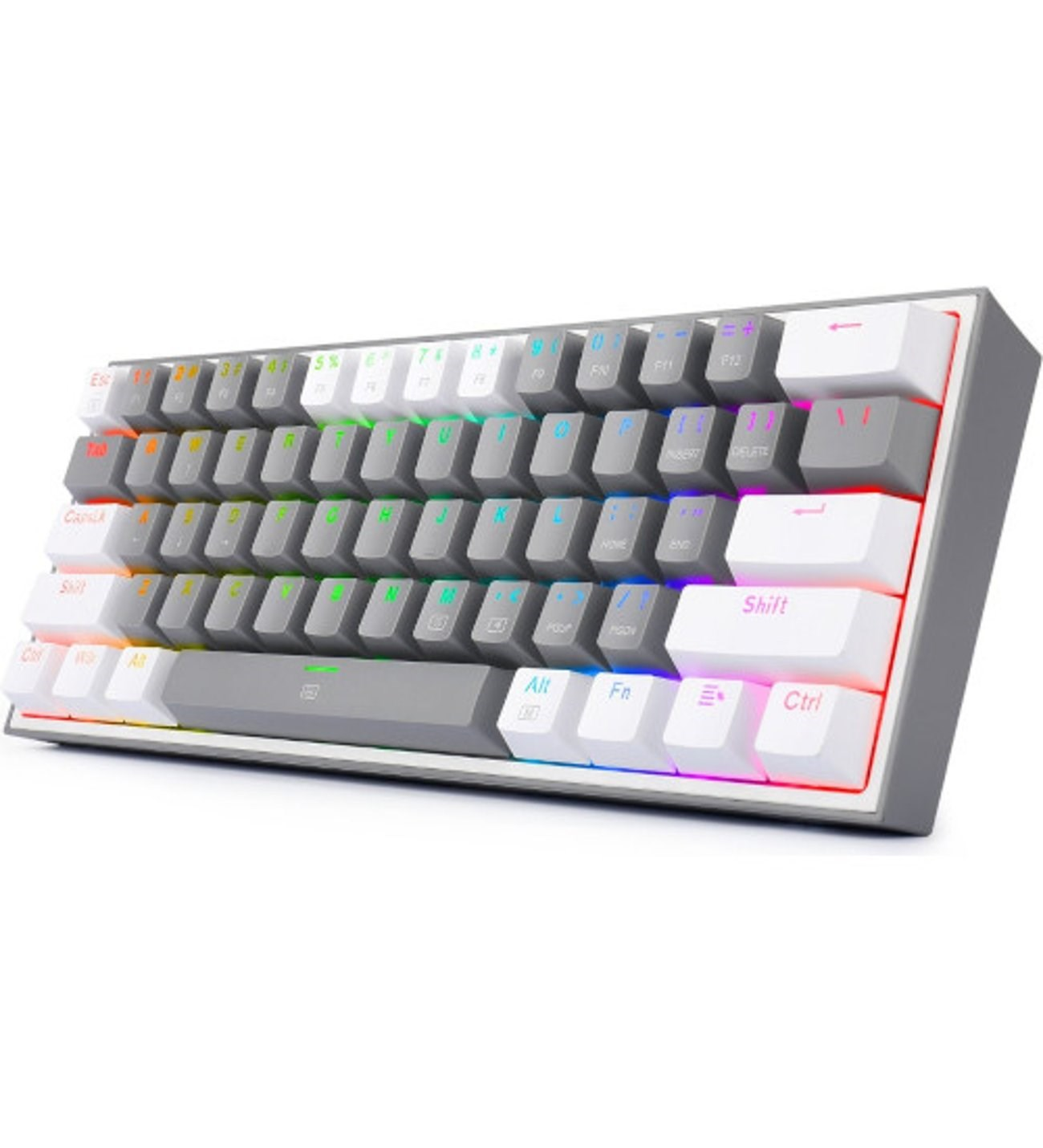 Beyaz ve gri tuşlara ve RGB arka aydınlatmaya sahip kompakt gri mekanik klavye.