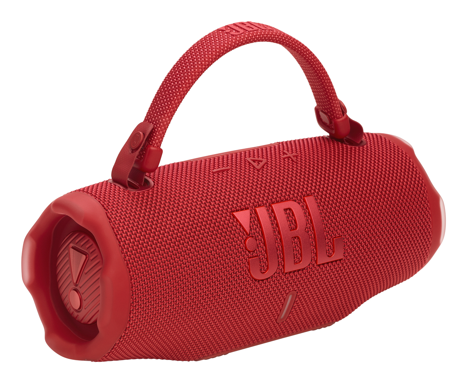 Ein roter JBL-Lautsprecher mit Tragegriff auf weißem Hintergrund.