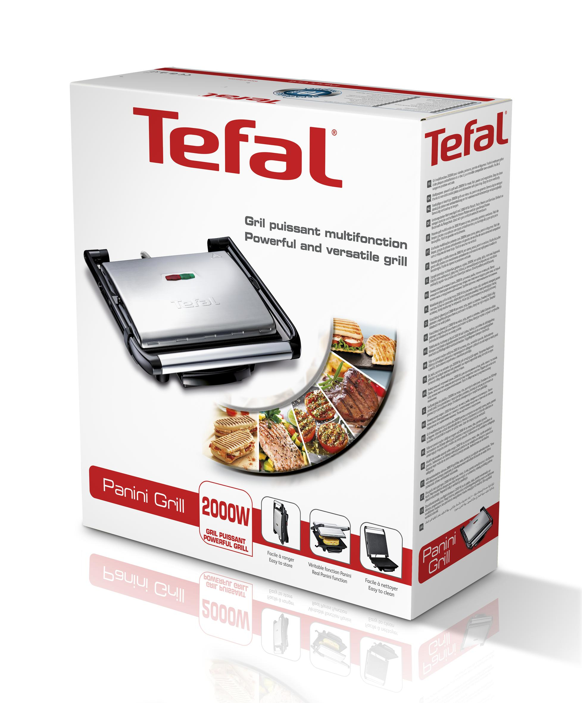 Tefal Panini Grill de 2000W, mostrando el grill y sus funciones.