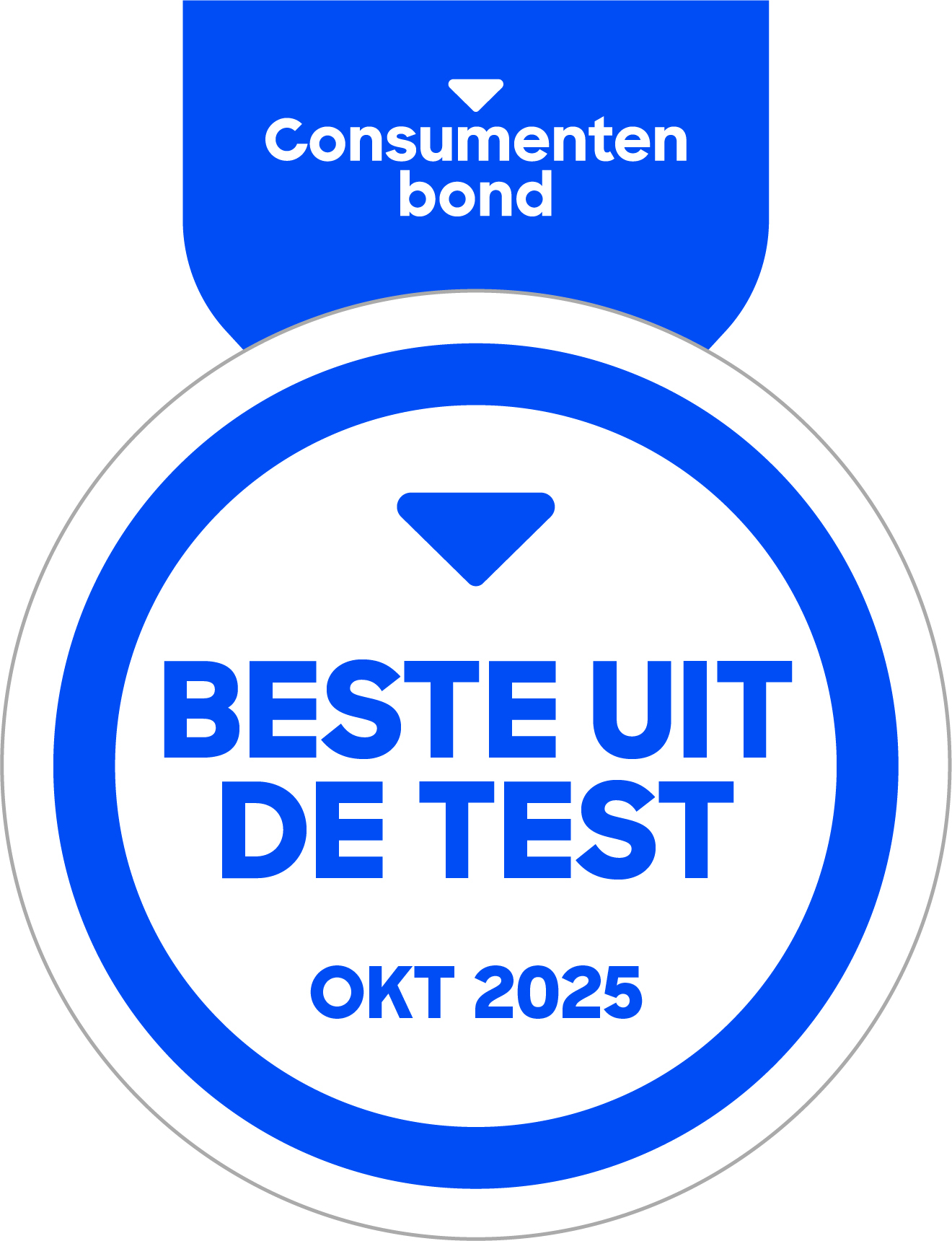 Círculo azul con texto blanco: Lo mejor de la prueba, oct. 2025. Banner azul arriba dice 'Consumenten bond'.