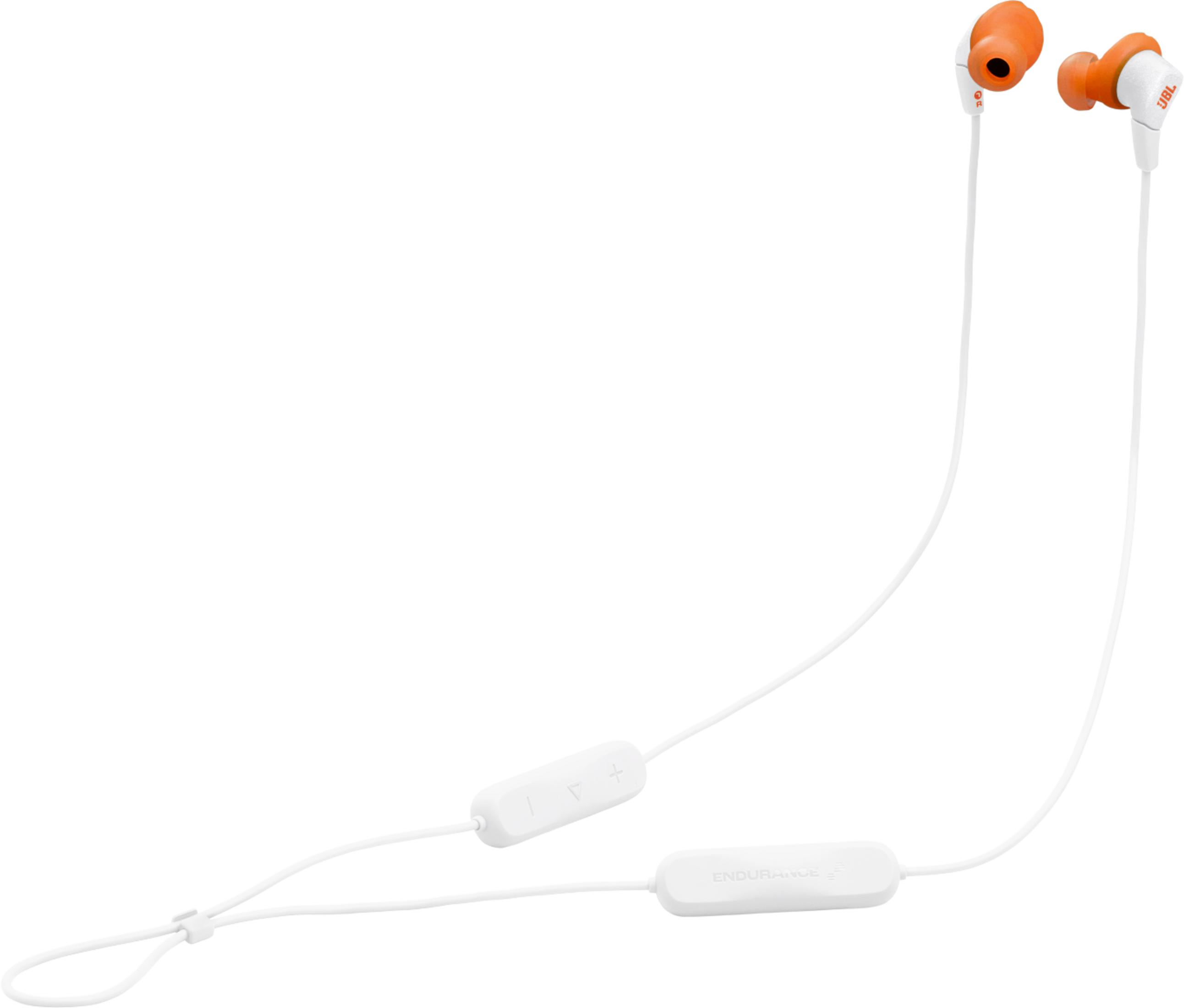 Auriculares blancos con puntas naranjas y controles en línea.