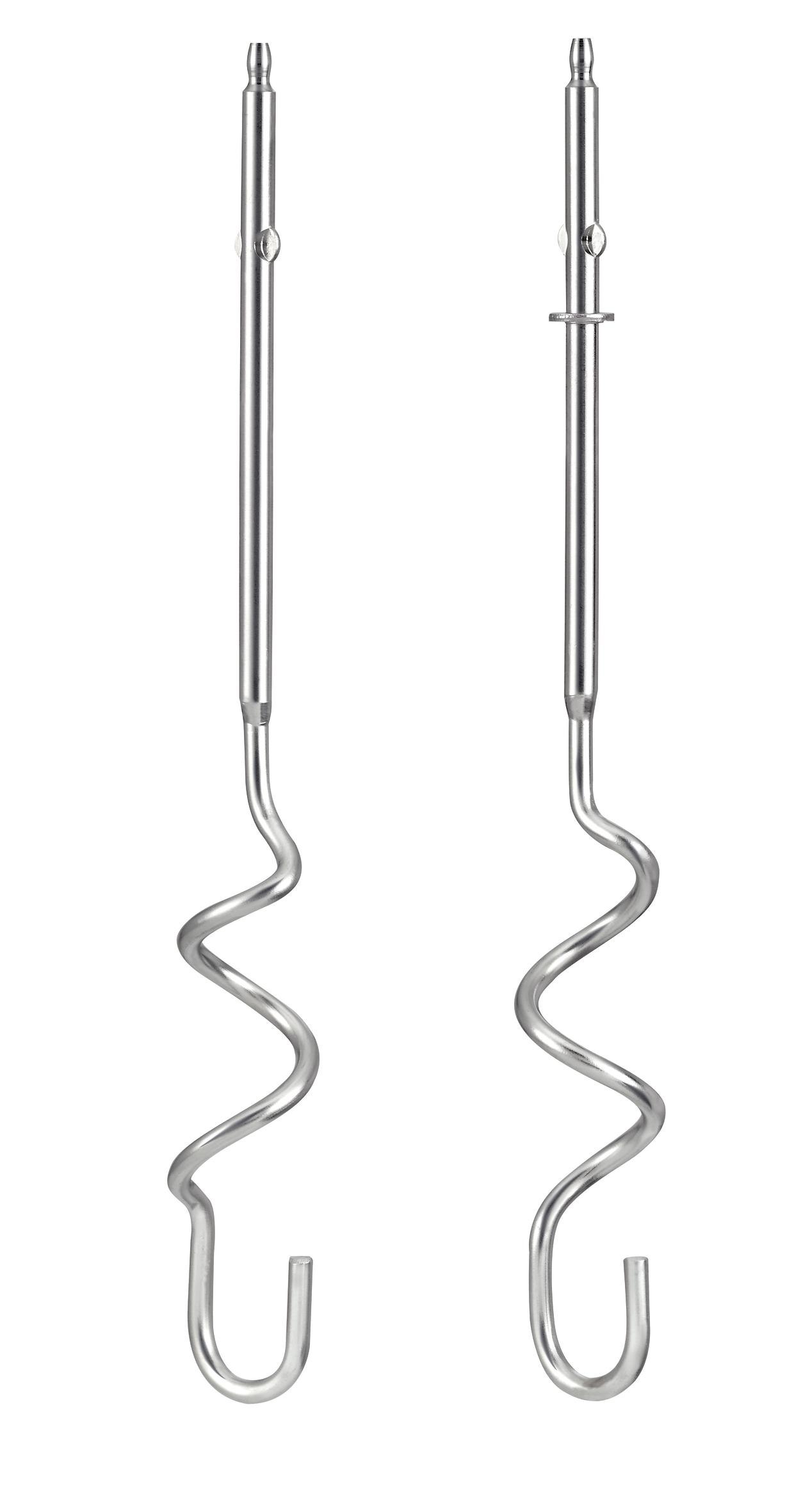 Due fruste argentate per mixer con alberi a spirale, su sfondo bianco.