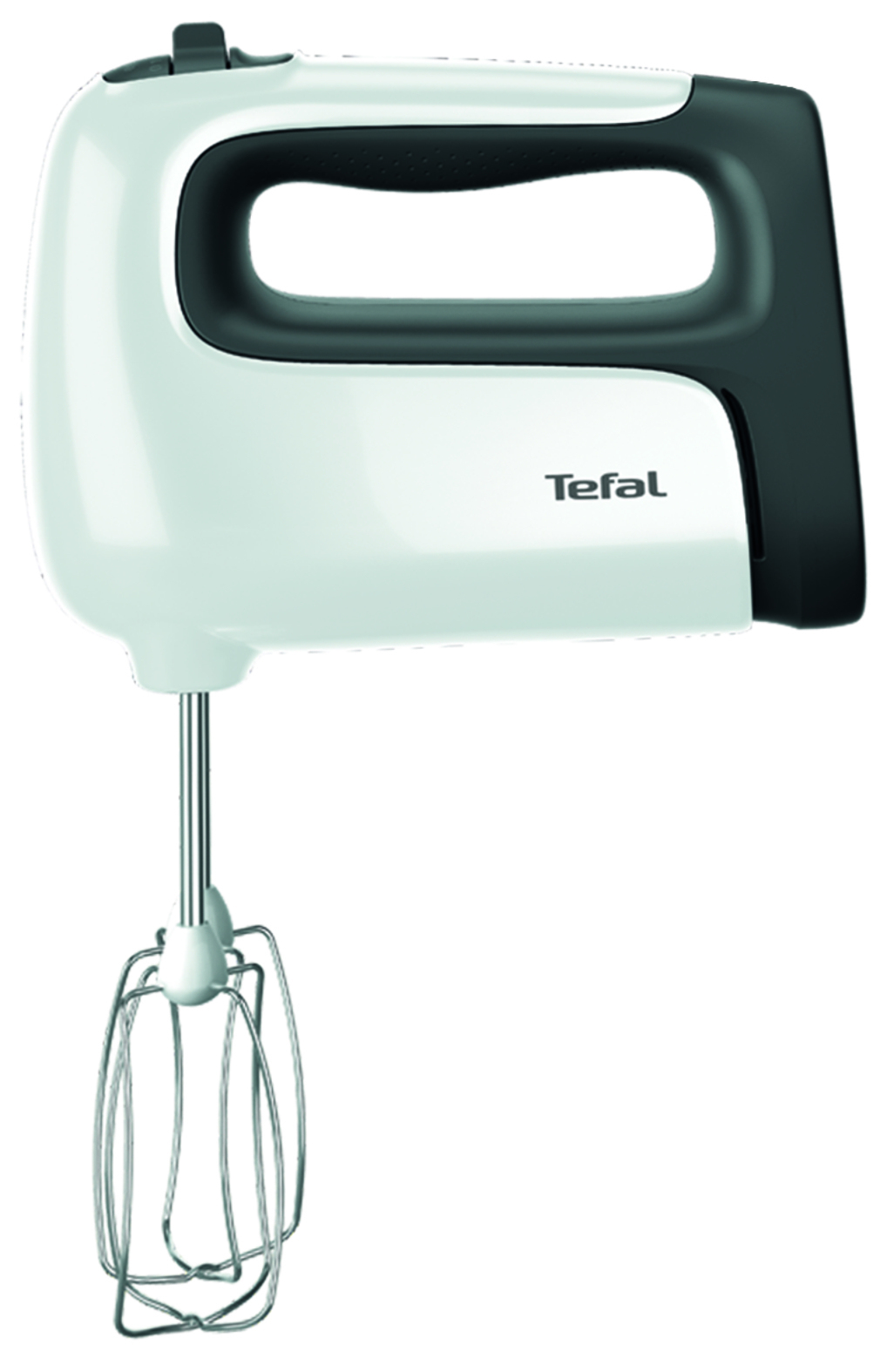 A white Tefal hand mixer with a black handle and silver beaters.