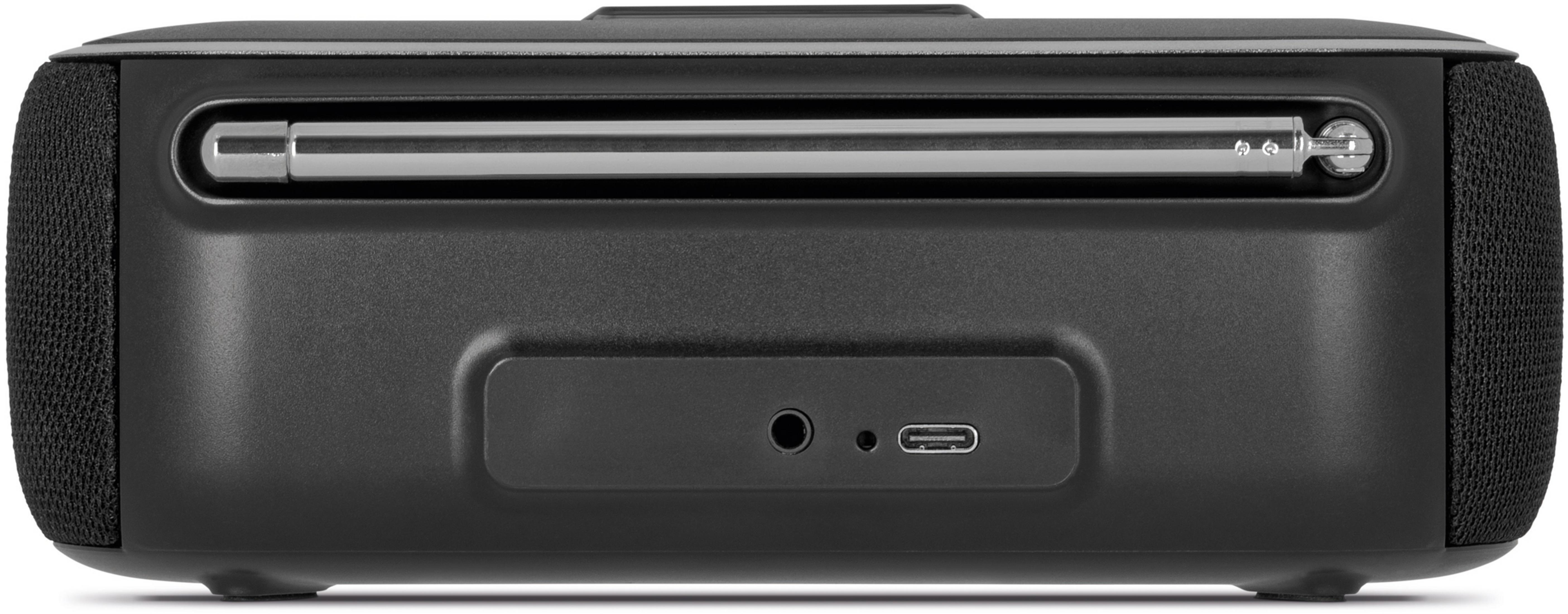 Black speaker with a retractable antenna and a USB-C port.