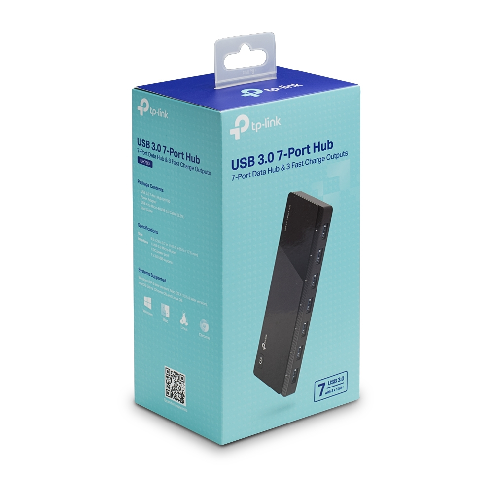 Opakowanie TP-Link USB 3.0 7-Port Hub z czarnym hubem i specyfikacjami.