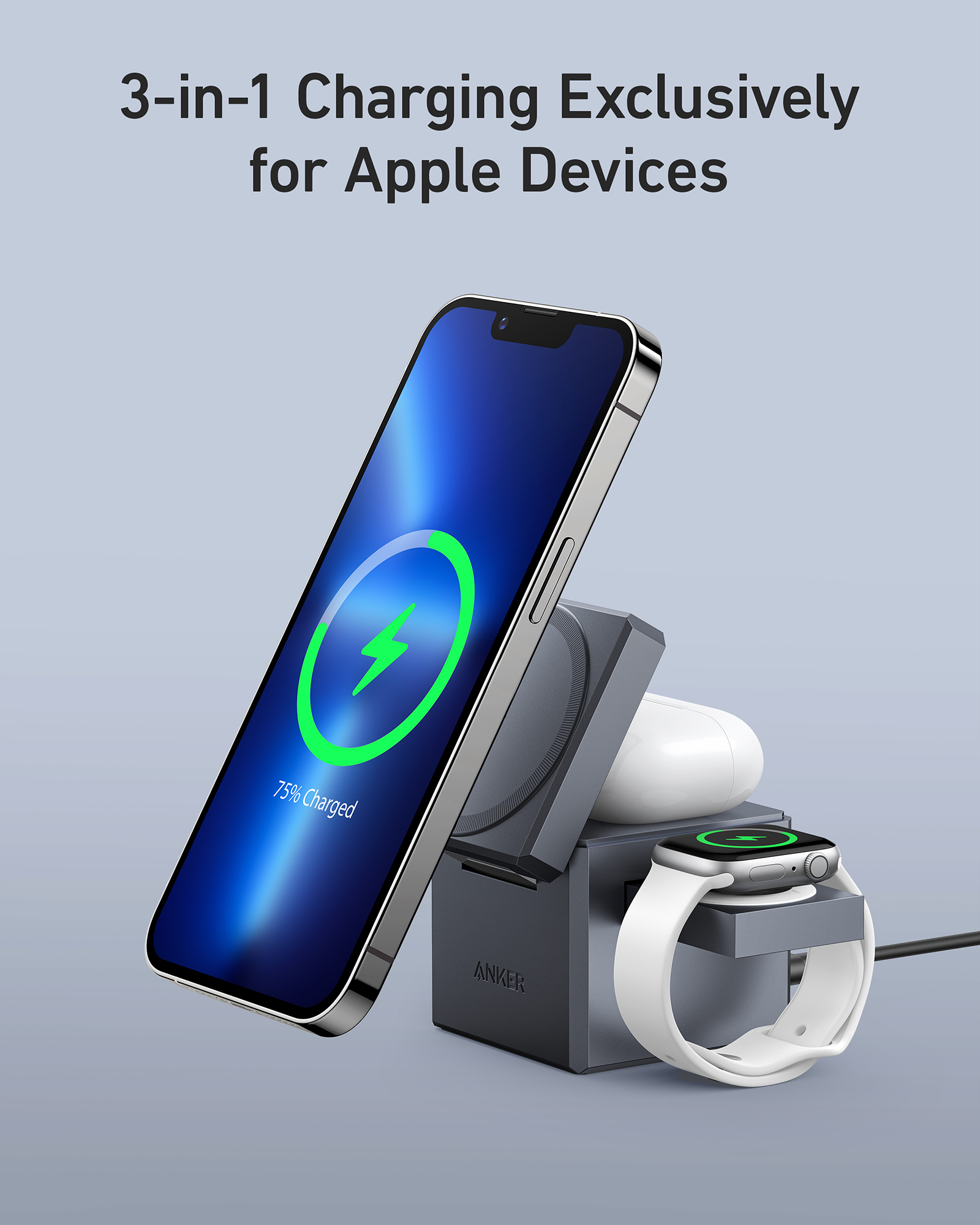 3-in-1 Ladegerät mit iPhone, AirPods und Apple Watch.