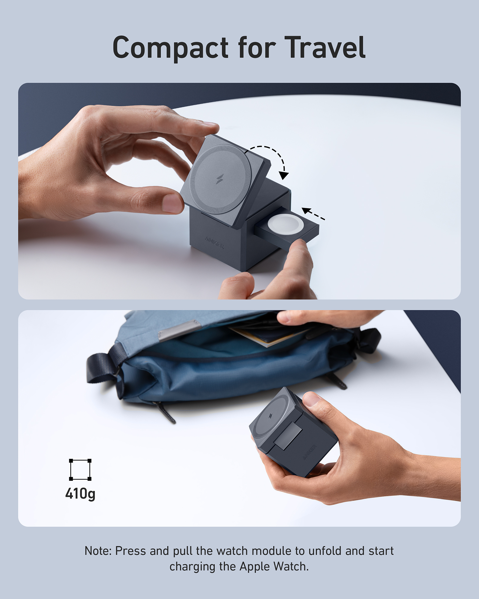 Grauer Charger wird in eine Tasche gesteckt. Gewicht 410g.