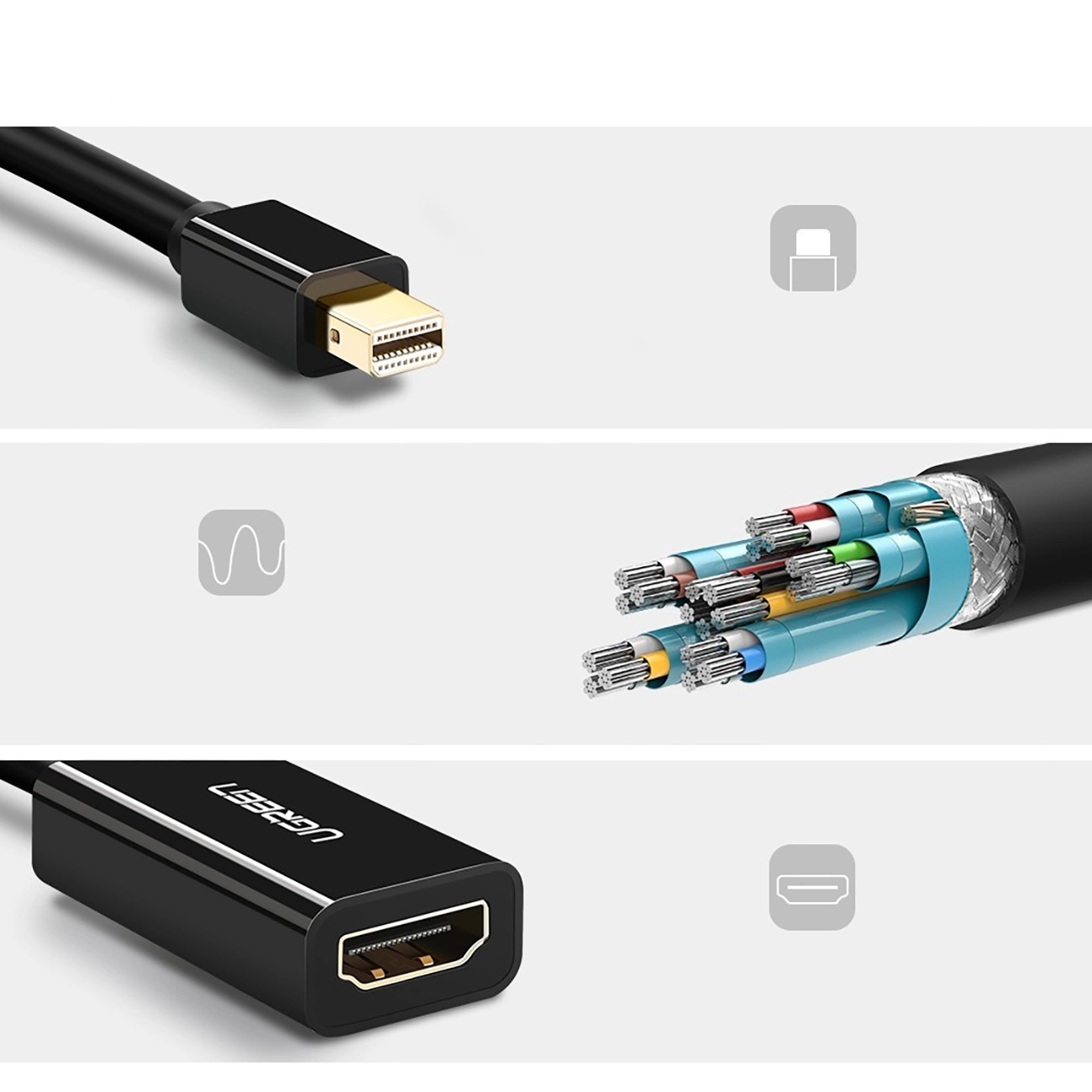 Zbliżenie czarnego kabla ze złączem Mini DisplayPort i adapterem HDMI.