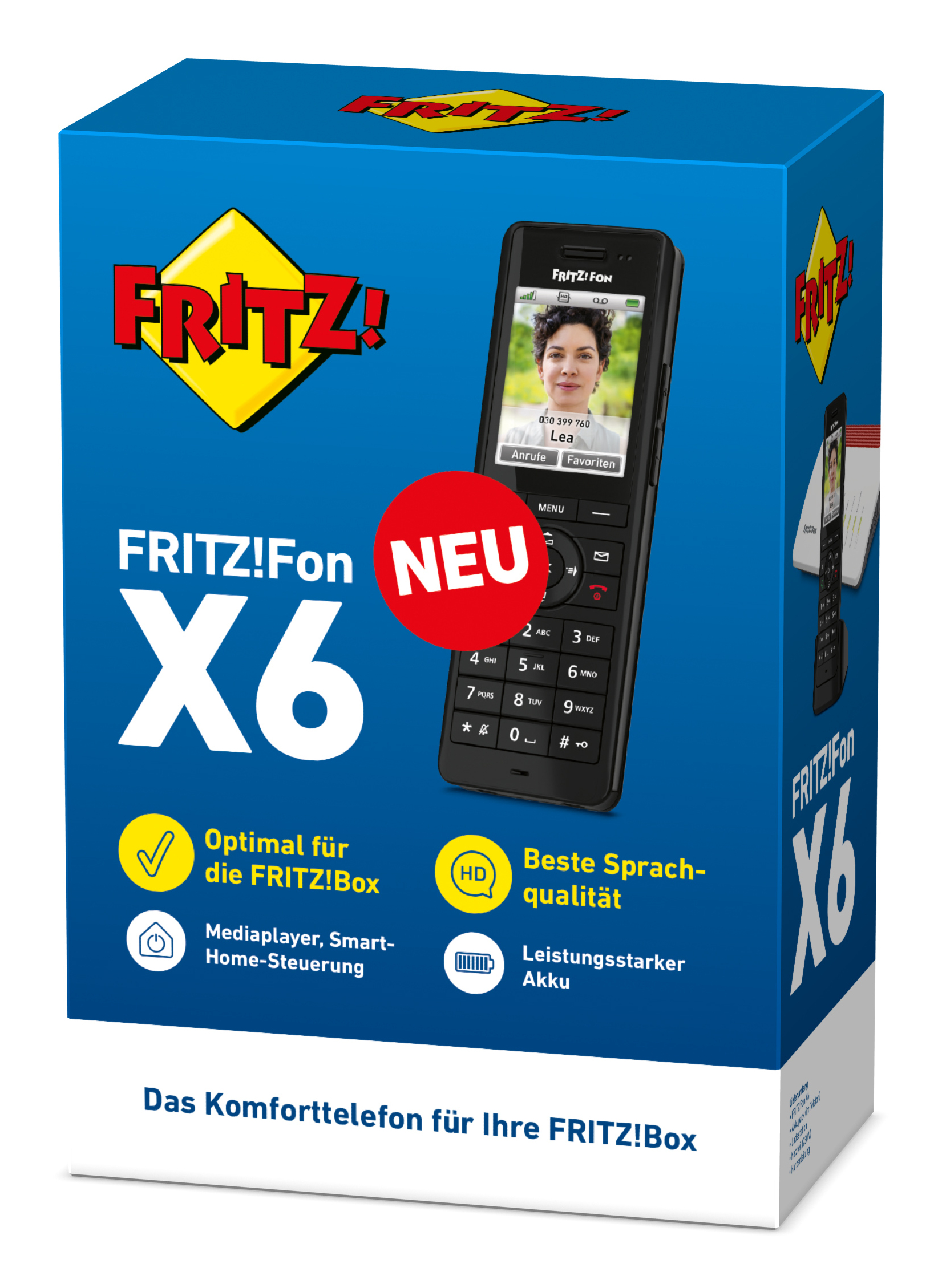 Emballage FRITZ!Fon X6 avec téléphone, femme et fonctions.