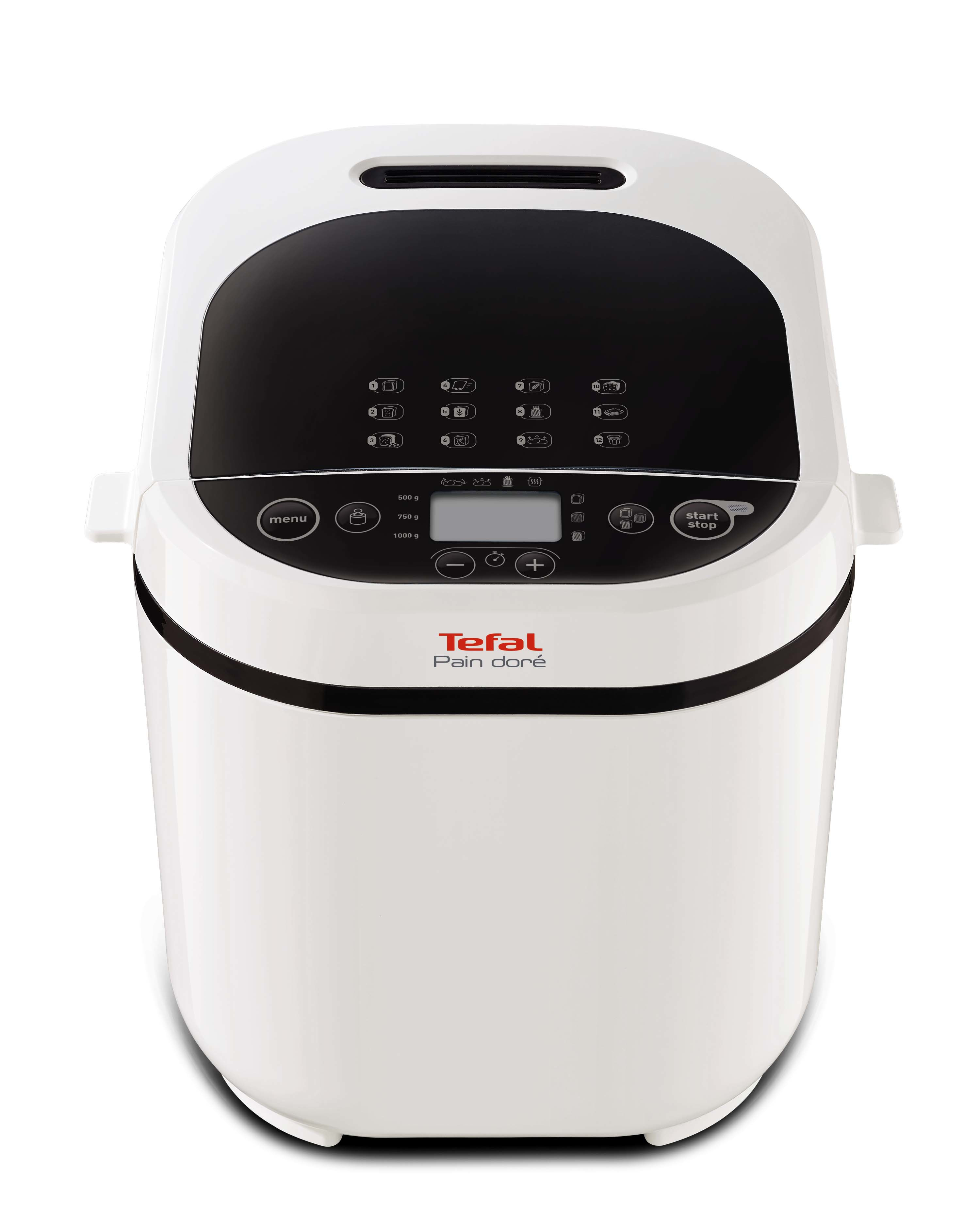 Una macchina per il pane Tefal bianca con pannello superiore nero che mostra icone e schermo digitale.