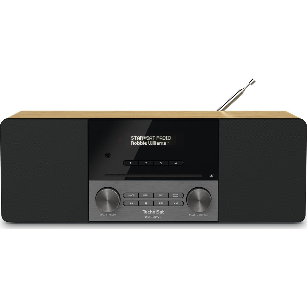 Srebrne radio z drewnianymi detalami odtwarzające Robbie Williamsa.