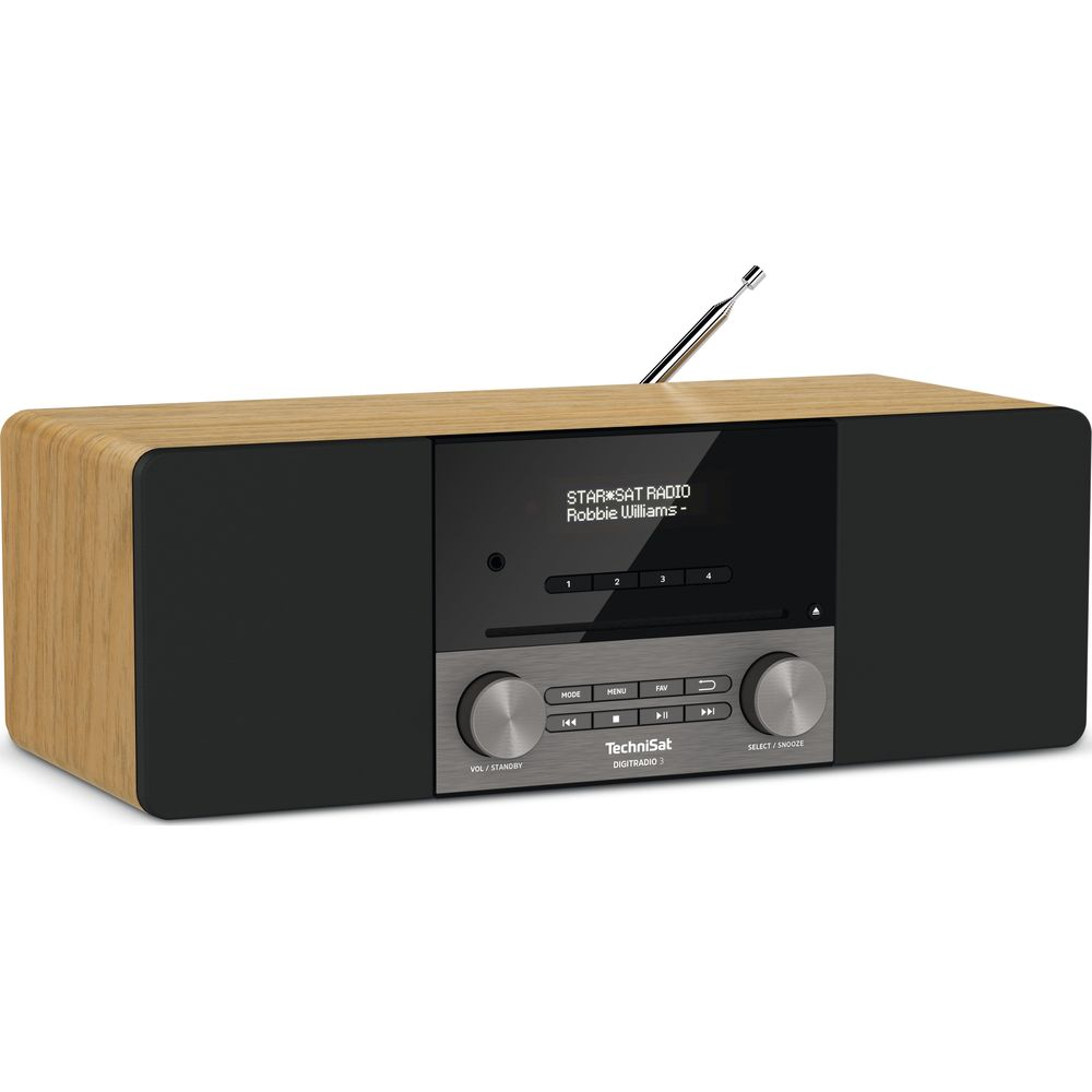 Drewniane i czarne radio cyfrowe z anteną i wyświetlaczem.