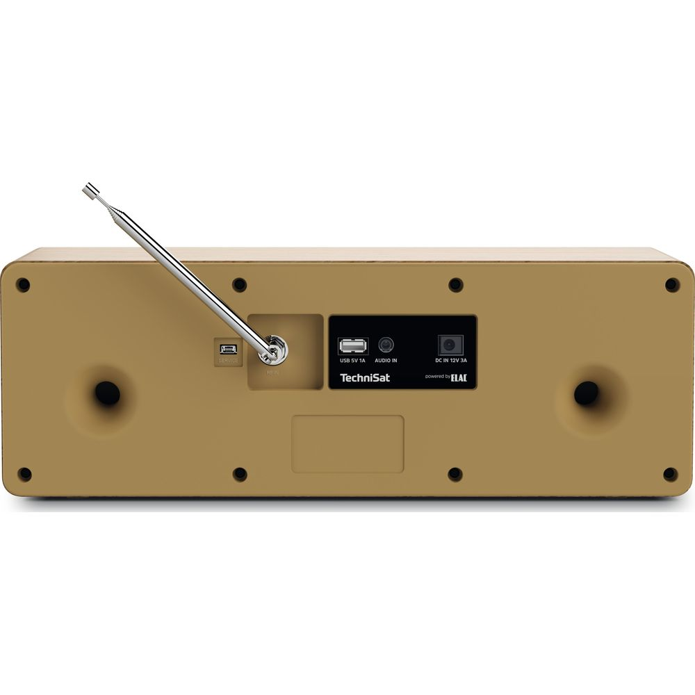 Tył brązowego radia z wysuwaną anteną, portami USB, audio i zasilania.