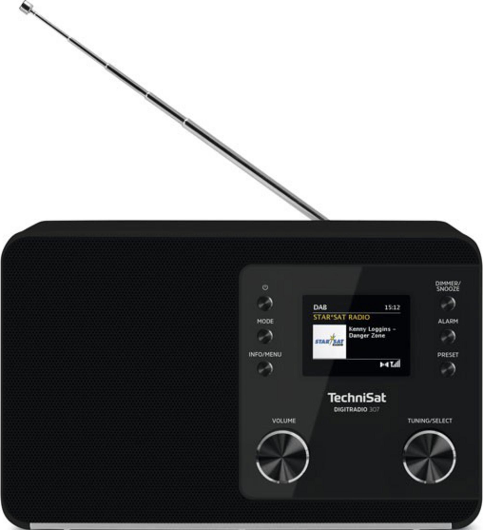Een zwarte DAB-radio met uitgeschoven antenne en LCD-scherm.