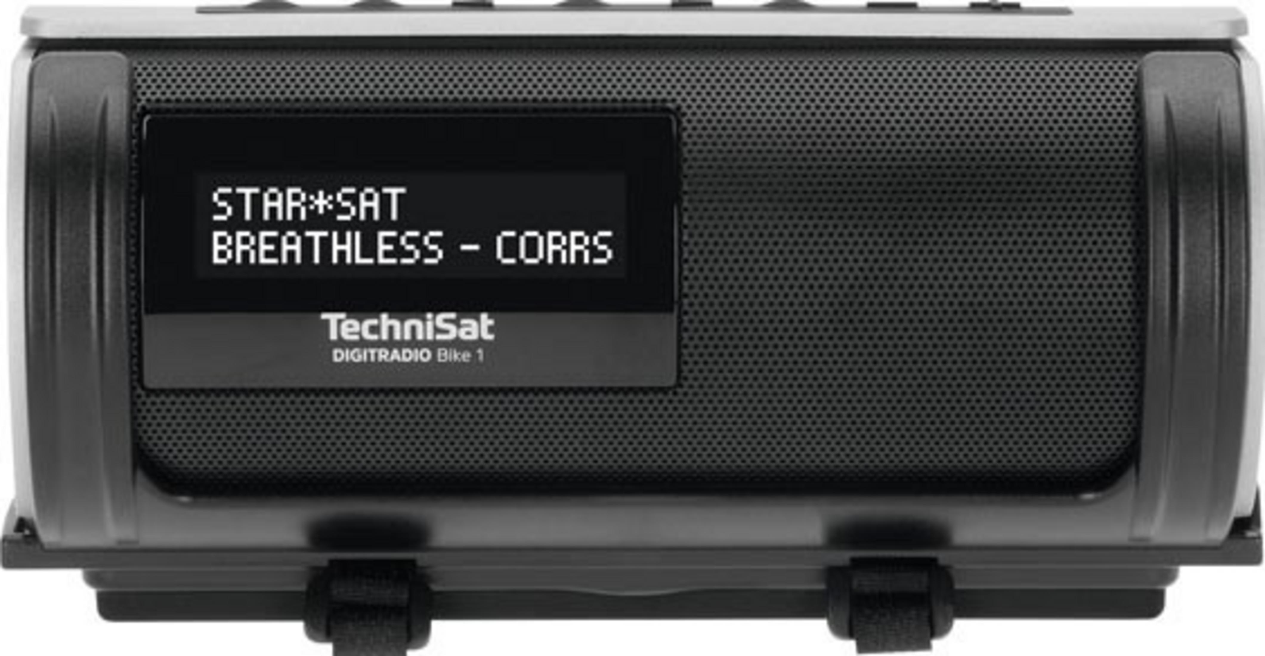 Czarno-białe radio cyfrowe TechniSat z wyświetlaczem pokazującym informacje o muzyce.
