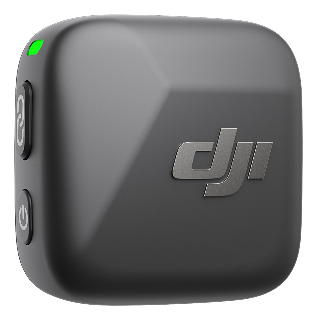 Kompakter schwarzer DJI-Sender mit grüner LED und zwei Tasten.