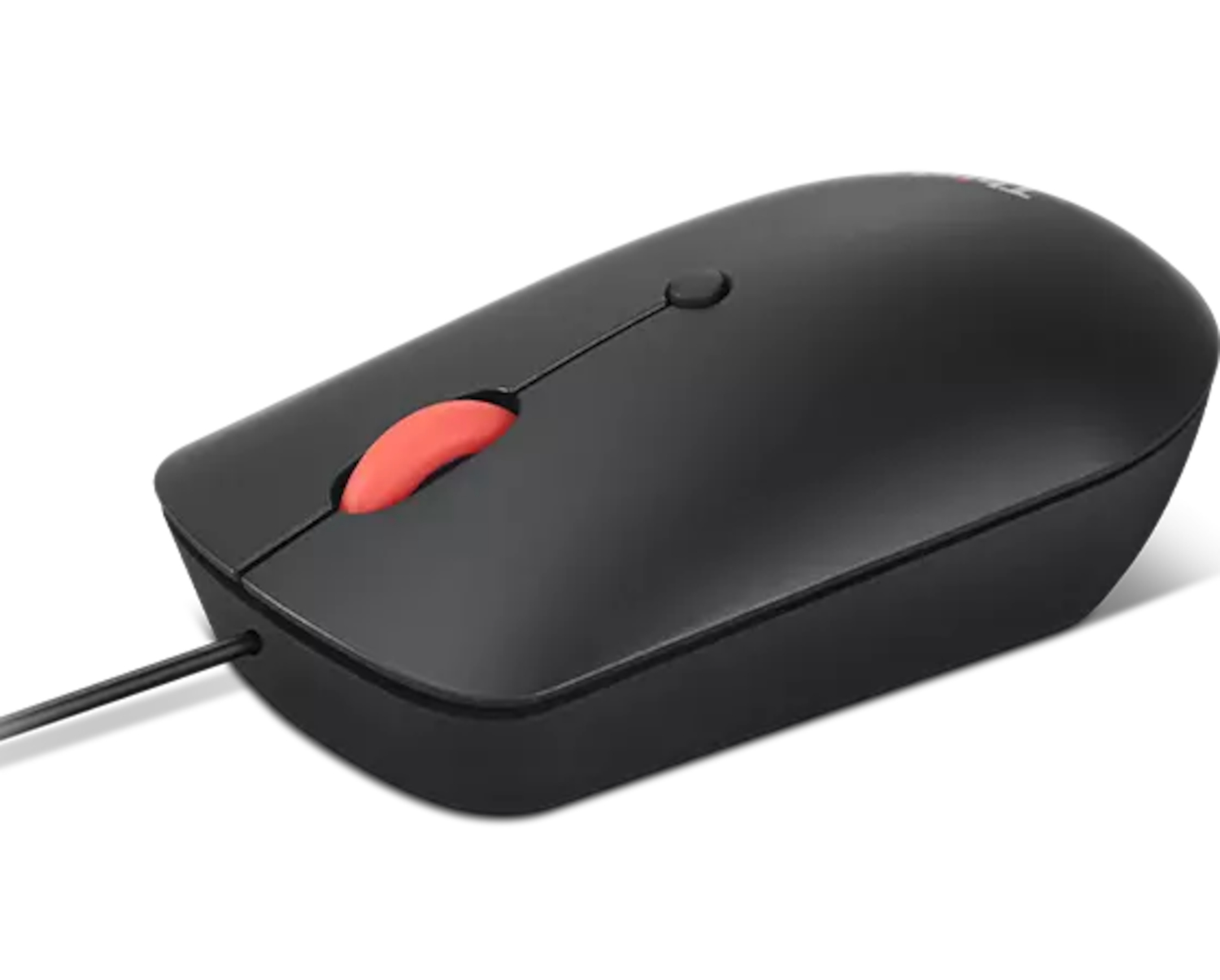 Black computer mouse with red scroll wheel and cable.
