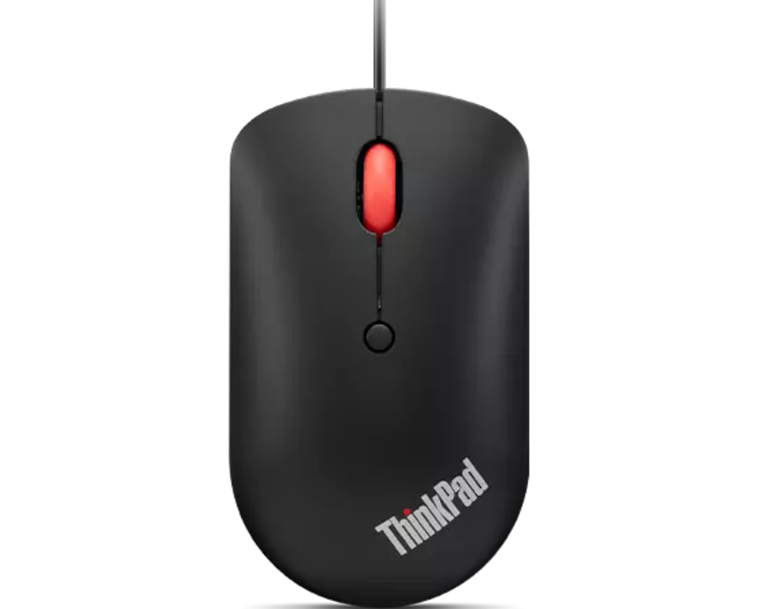 Black ThinkPad mouse with a red scroll wheel and cord.
