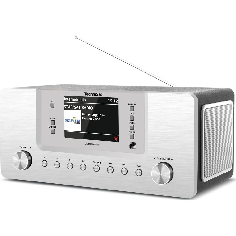 Radio internetowe TechniSat z srebrnym frontem, czarną obudową i wyświetlaczem.