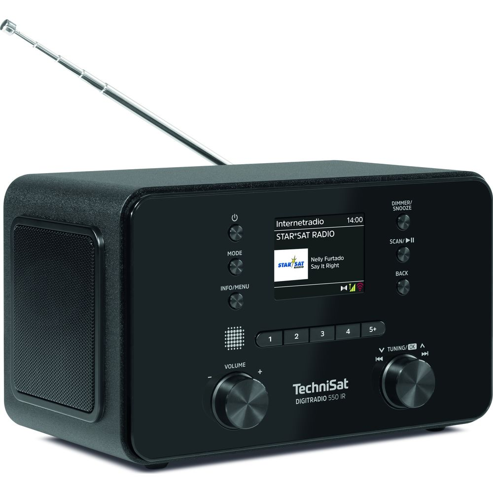 Czarny radioodbiornik cyfrowy TechniSat z anteną, wyświetlaczem i przyciskami.