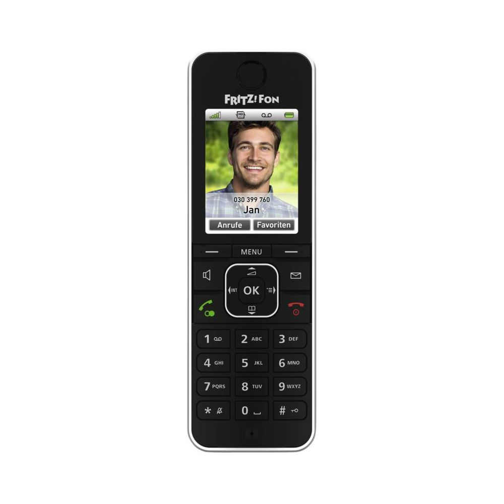 Een zwarte Fritz!Fon DECT-telefoon met een foto van Jan op het scherm.