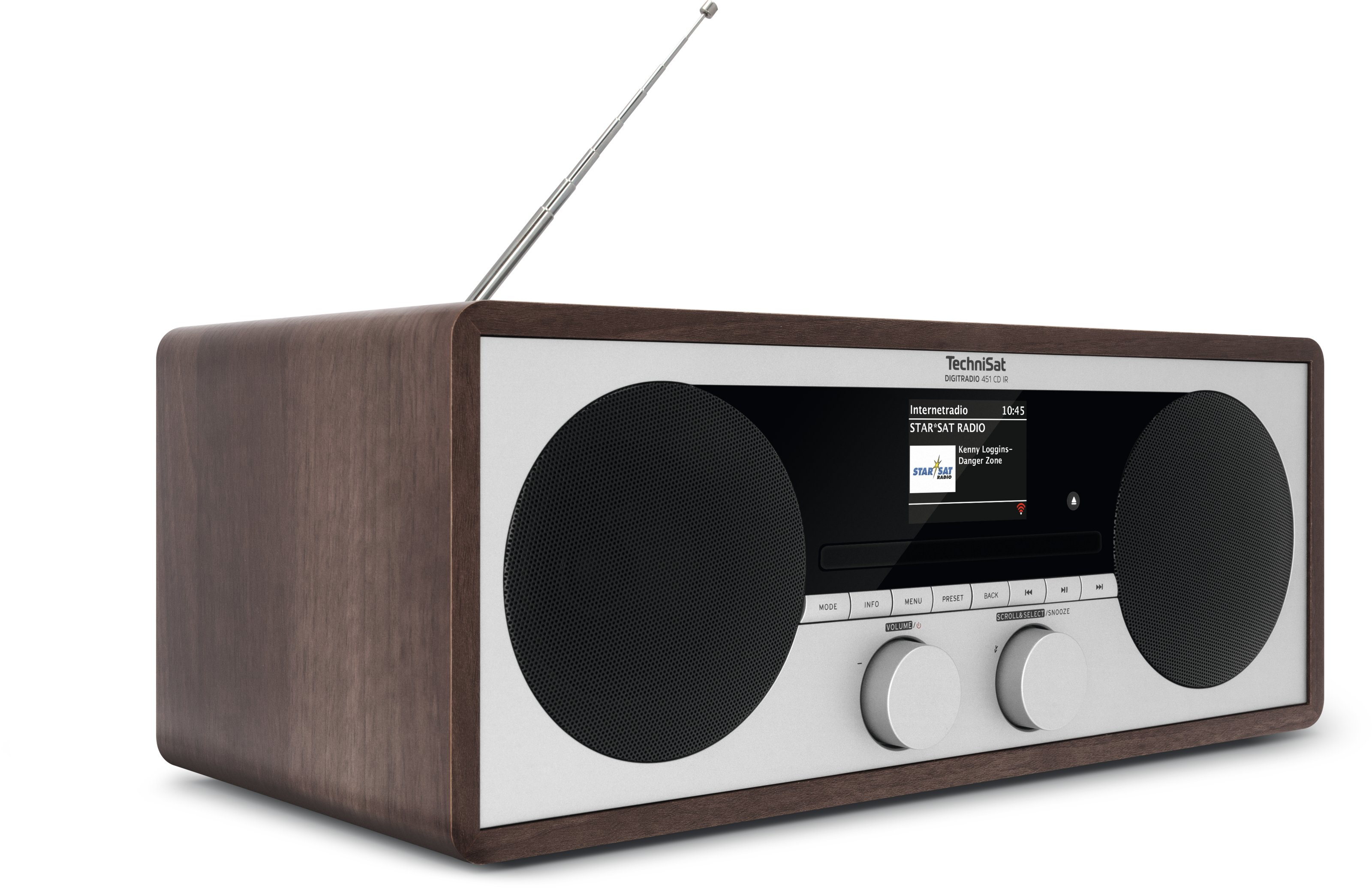 A TechniSat digital radio with wood casing, extendable antenna, and display.